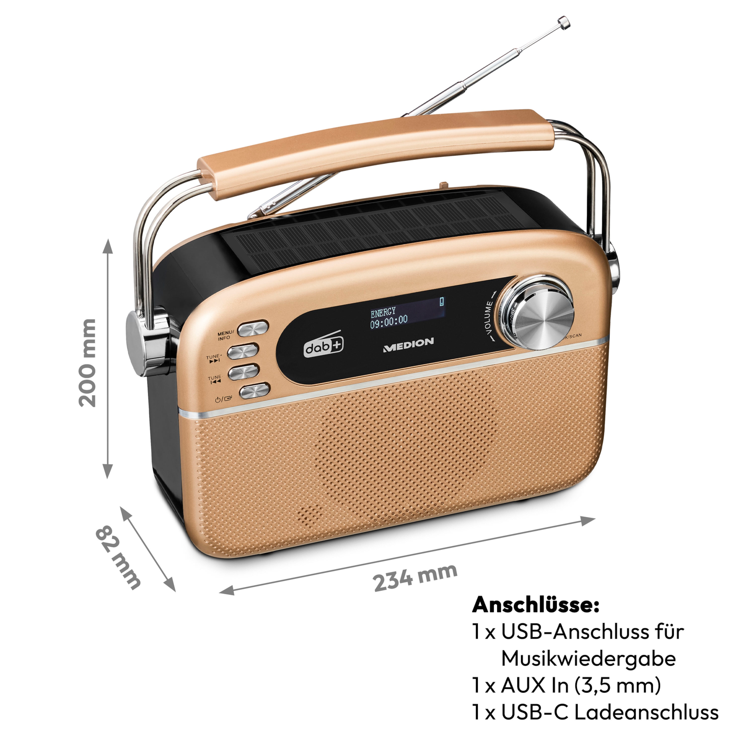 MEDION® LIFE® E66809 Retro-Radio, DAB+/PLL-UKW Radio, je 30 Senderspeicher, Bluetooth® 5.3, Solarpanel, integrierter Li-Ion Akku, 2,5 W RMS