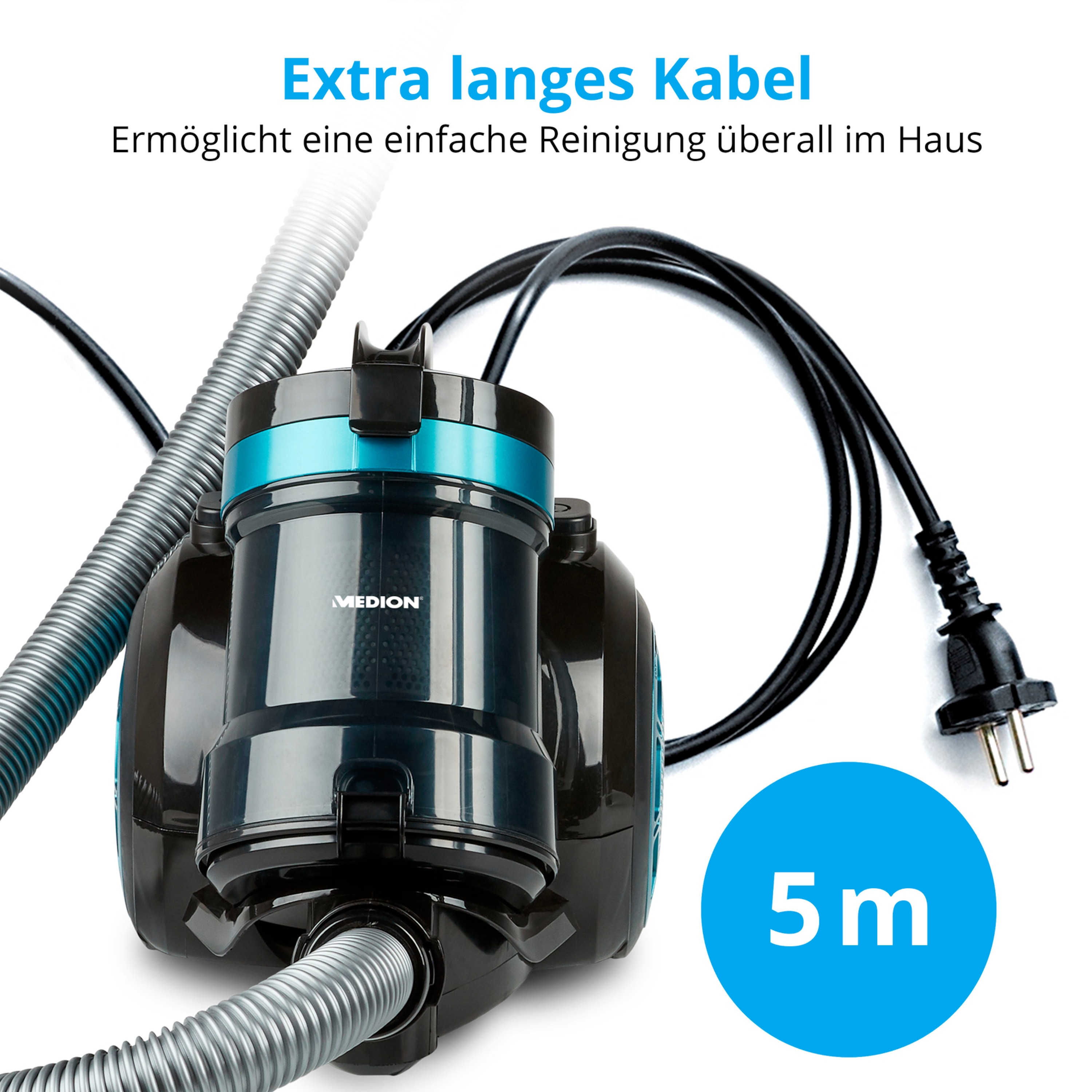 MEDION® Beutelloser Zyklon-Staubsauger MD 19407, 150W Saugleistung, Staubbehälterkapazität 2 L, EPA Filter, integriertes Zubehör