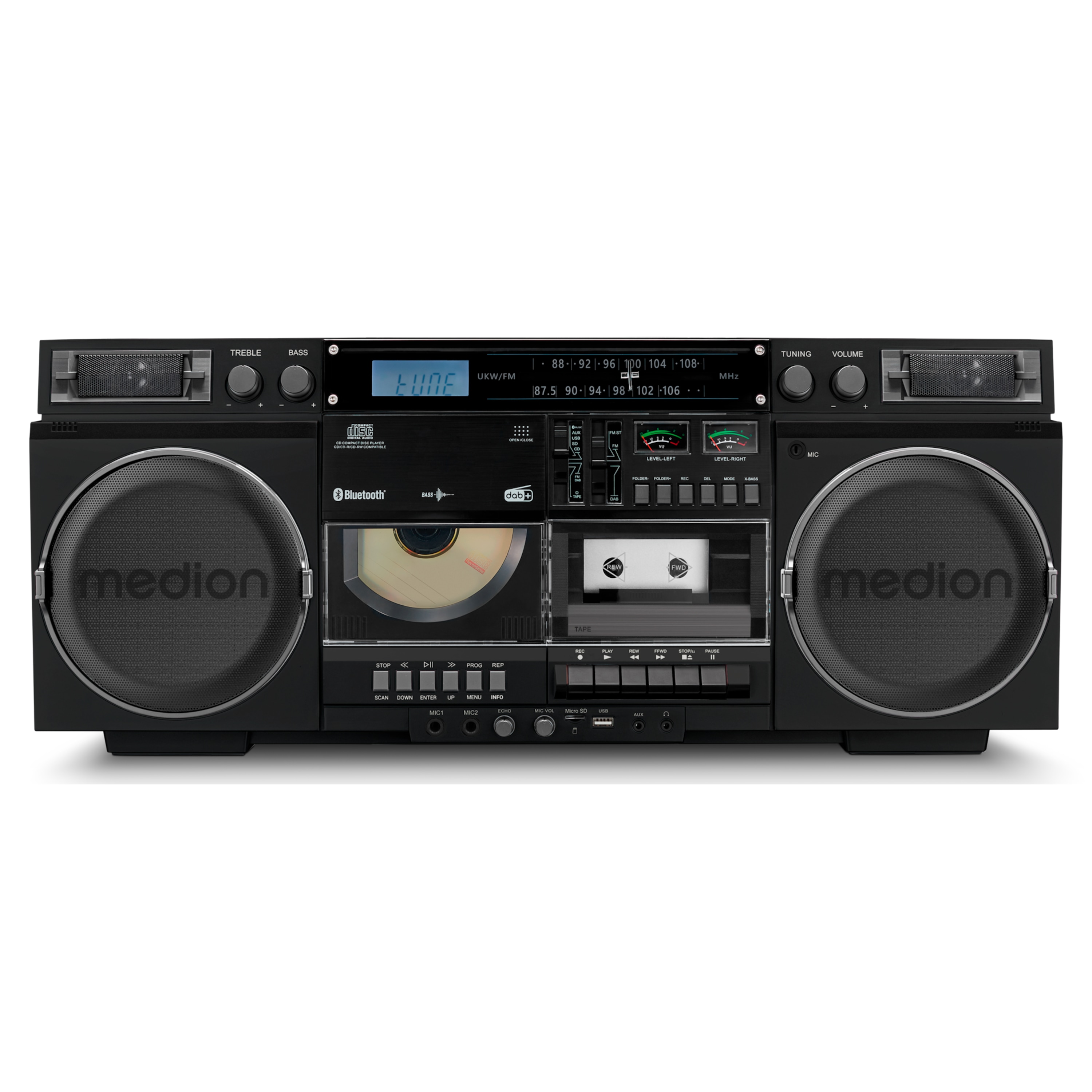 MEDION® LIFE® P66538 Retro-Boombox, DAB+/PLL-UKW Radio, Bluetooth® 5.3 für das Abspielen von Smartphone & Co, CD-Player, Kassettendeck, X-Bass Funktion, 2 x 10 W RMS