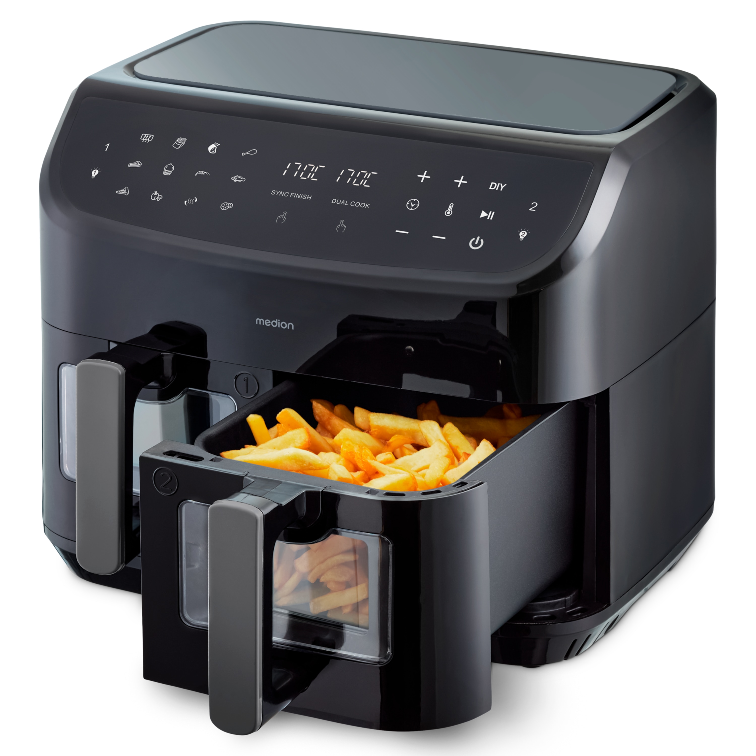 MEDION® LIFE® P20 XXL Twin Doppelzonen-Heißluftfritteuse MD 11760, 100 Rezepte in der Life+ App, 2 separate Garzonen, 9 Automatikprogramme, 8,7 L Gesamt-Nutzinhalt, 2.600 Watt, Temperatur einstellbar bis 200 °C