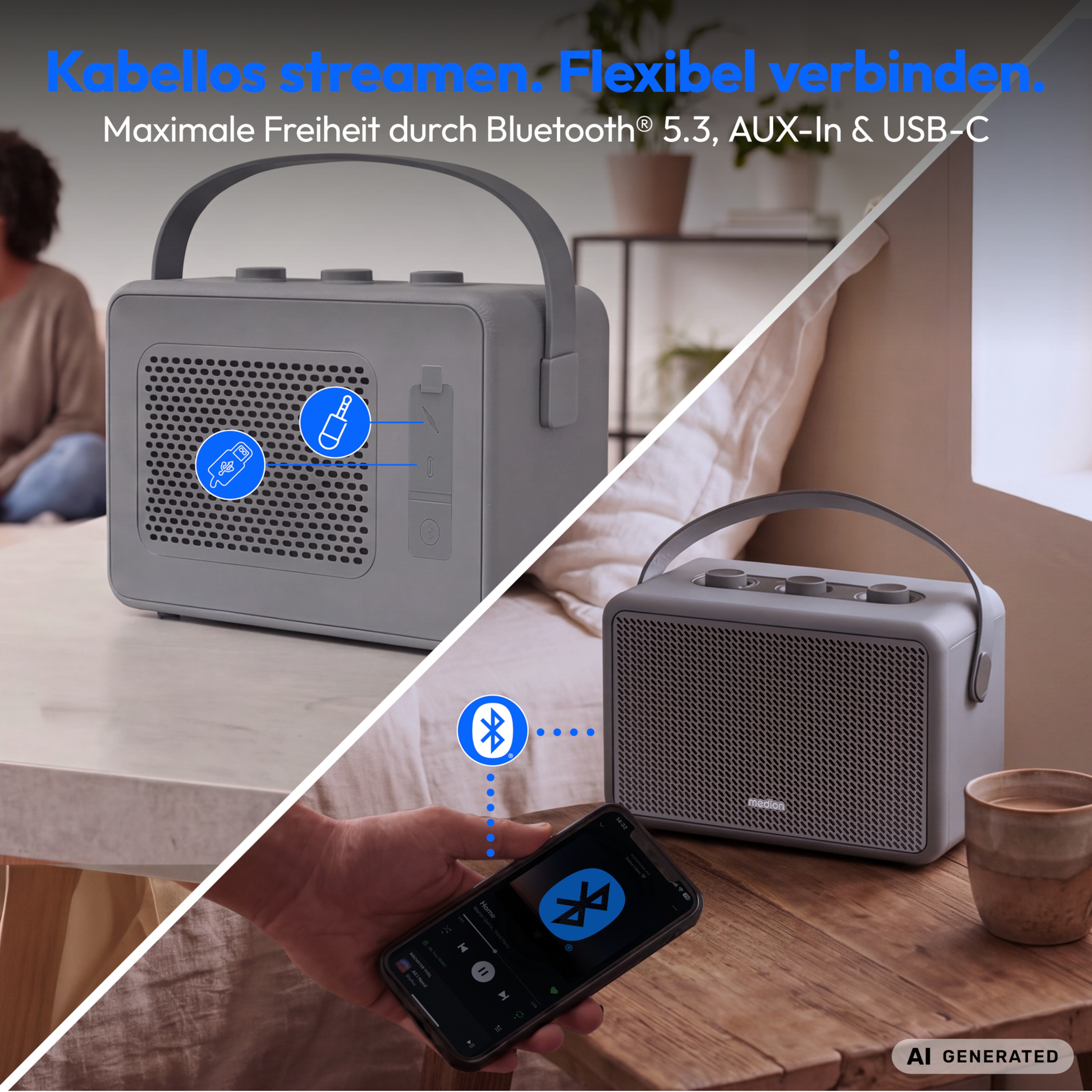 MEDION® LIFE BXO-1 Bluetooth® Lautsprecher grau, 2 x 15W RMS, integrierter Akku mit bis zu 15 Stunden Laufzeit, Bluetooth® 5.3, robustes & mobiles Design