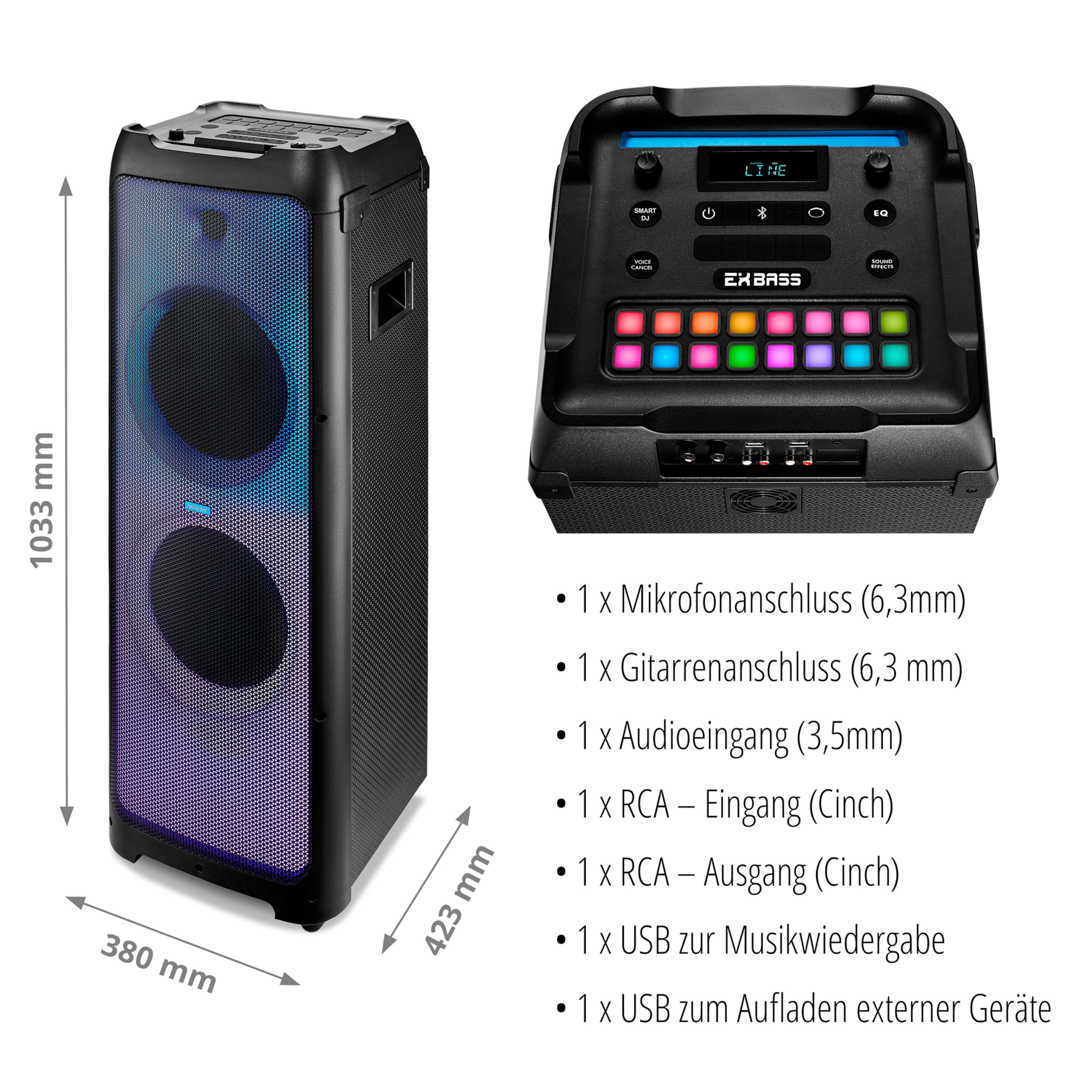MEDION® LIFE® X61200 Partylautsprecher, Bluetooth®-Soundsystem, LED-Frontpanel mit spektakulärer & mehrfarbiger Lichtshow, 16 Performance Pads für Licht & Sound, 2 x 80 W RMS