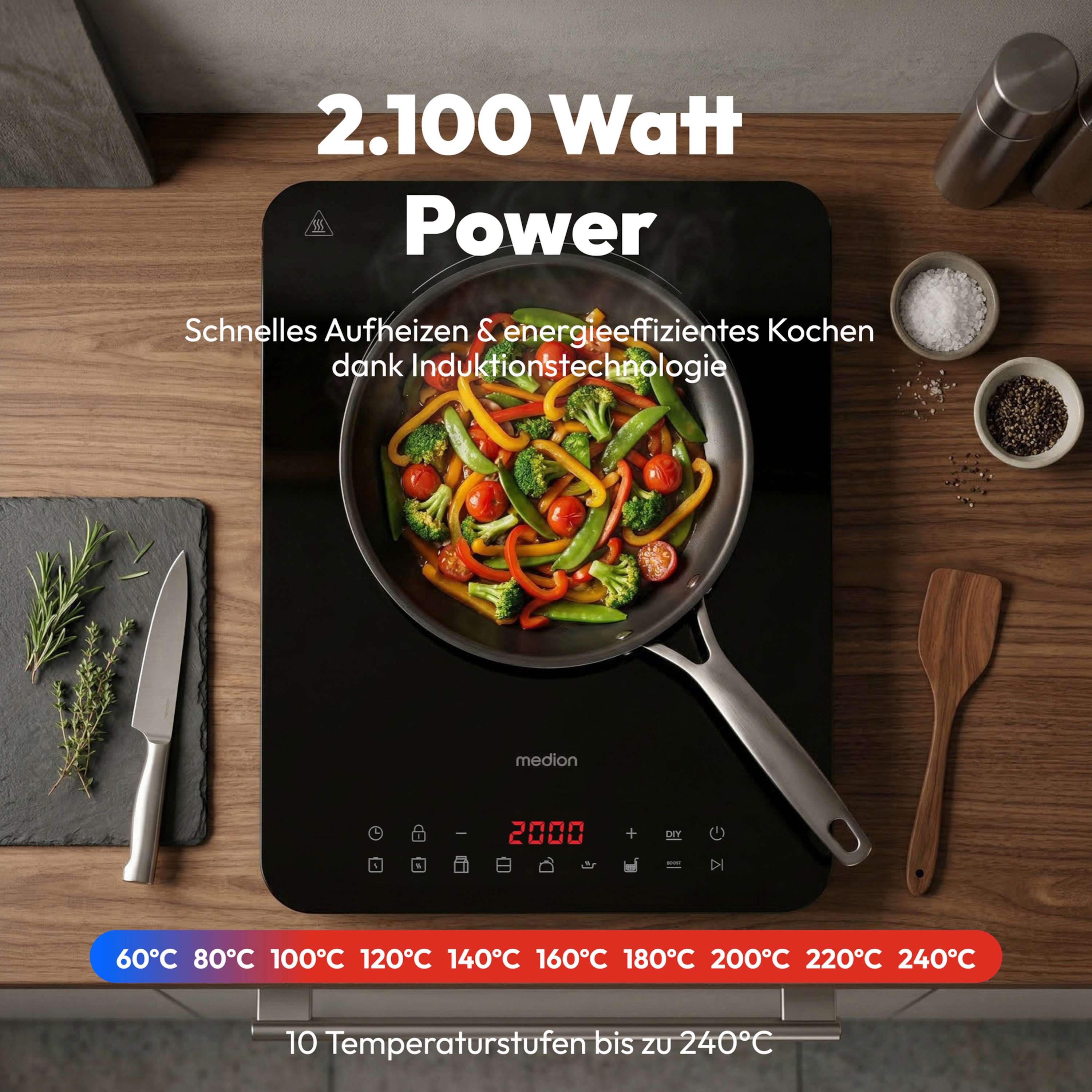 MEDION® Life IC10S Induktionskochplatte (MD 100090), extra flach, 2100 Watt Induktionsleistung, 8 Automatikprogramme und DIY, LED Display mit Touchbedienung, Kristallglas-Oberfläche