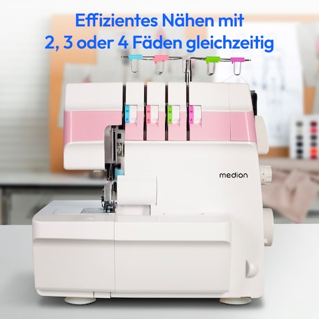 MEDION overlock naaimachine SO90 (elektrisch, 90 watt, LED-lampje, one-pass snijden, uitgebreide accessoires, MD19169) roze