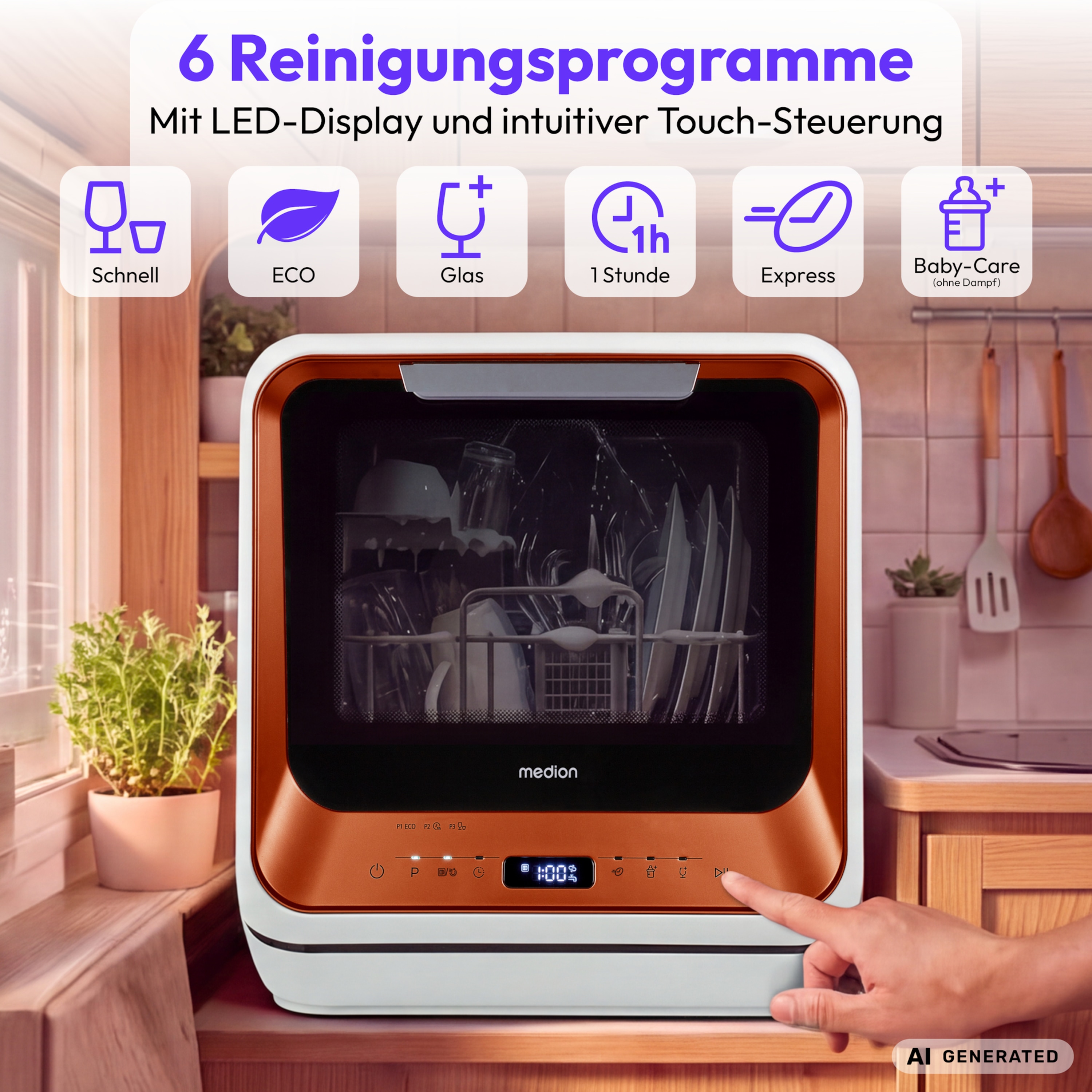 MEDION® LIFE Mini-Geschirrspüler DWT20 (MD37763) bronze, für 2 Gedecke, 6 Reinigungsprogramme, Startzeitvorwahl