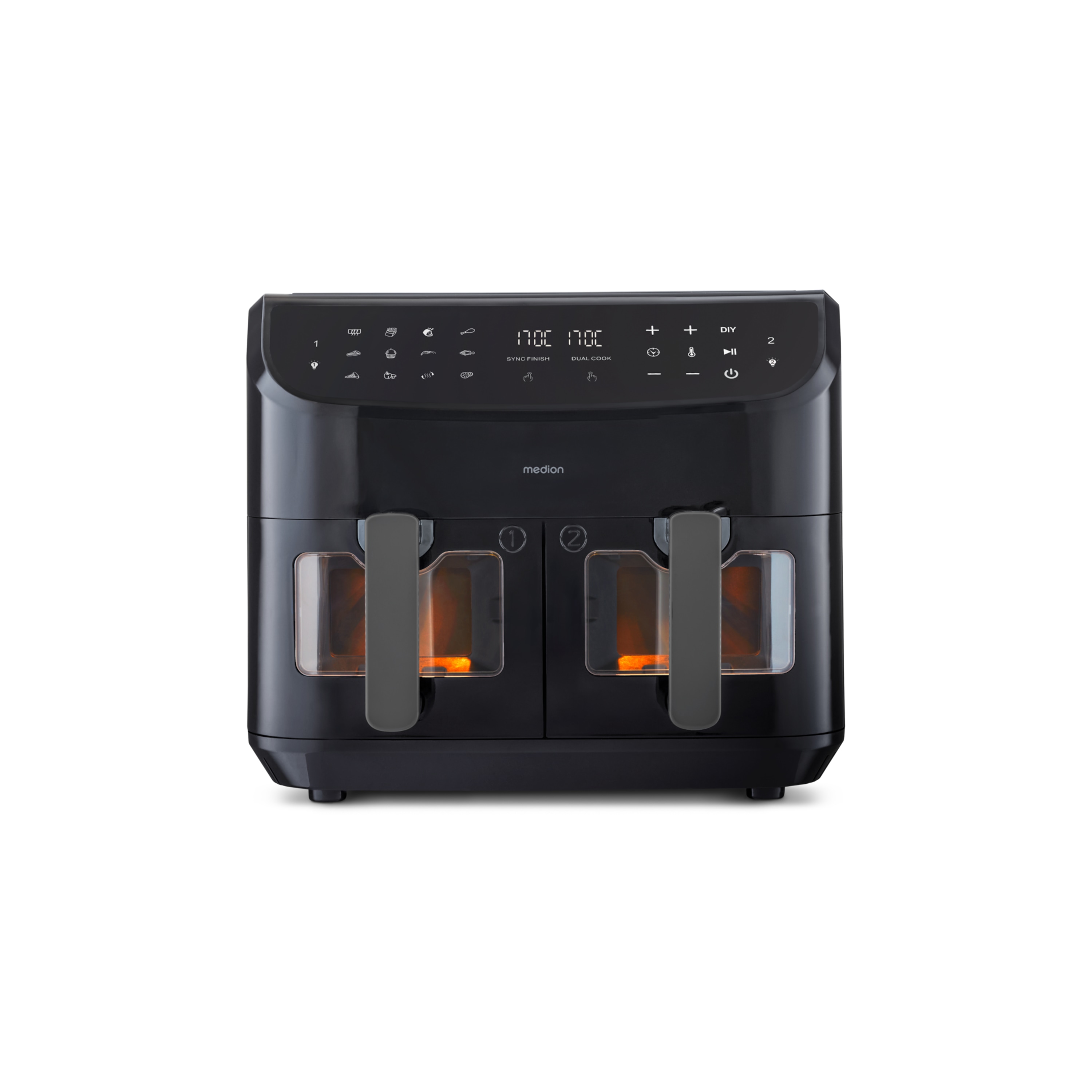 MEDION® LIFE® P20 XXL Twin Doppelzonen-Heißluftfritteuse MD 11760, 100 Rezepte in der Life+ App, 2 separate Garzonen, 9 Automatikprogramme, 8,7 L Gesamt-Nutzinhalt, 2.600 Watt, Temperatur einstellbar bis 200 °C
