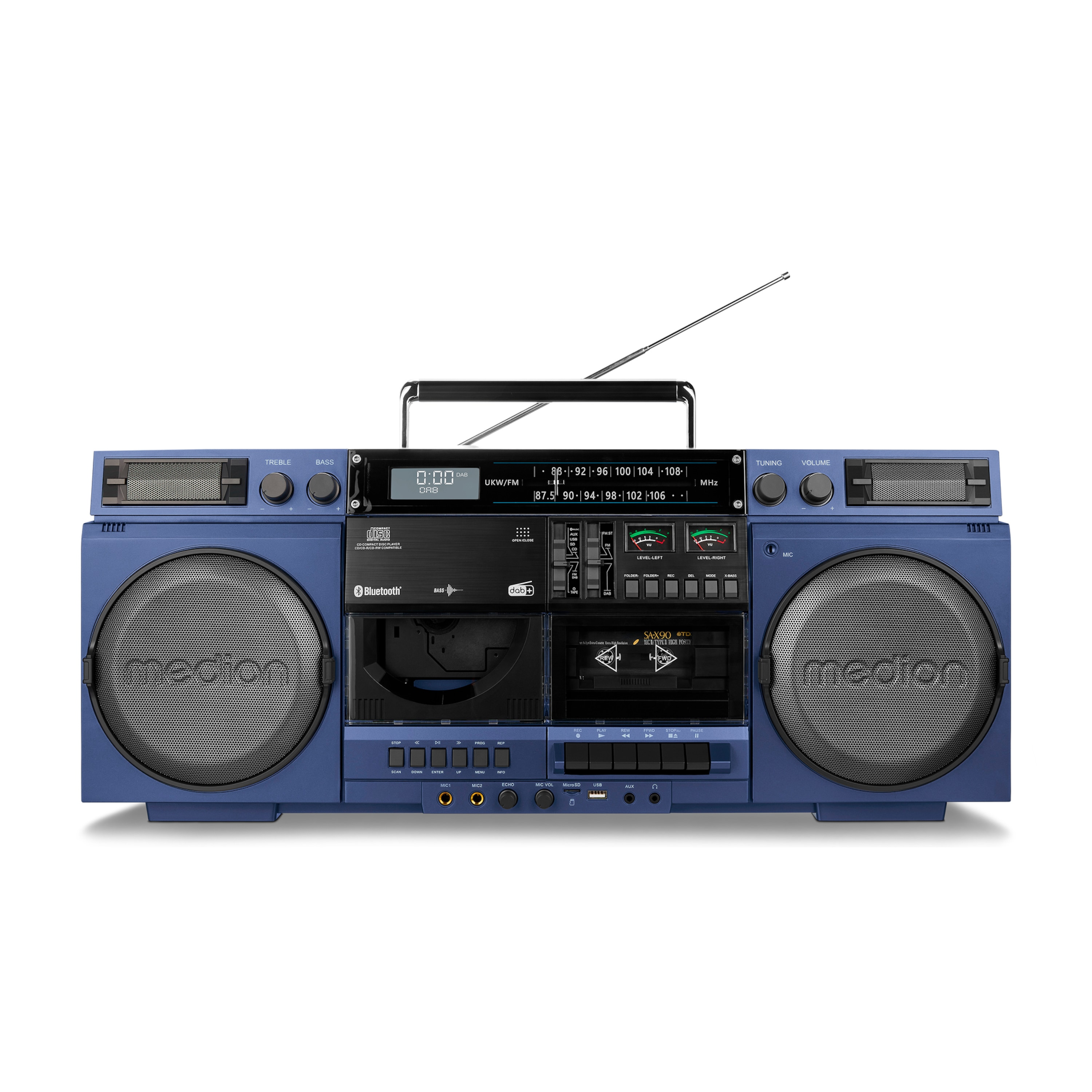 MEDION® LIFE P66538 Retro-Boombox blau, DAB+/PLL-UKW Radio, Bluetooth® 5.3 für das Abspielen von Smartphone & Co, CD-Player, Kassettendeck, X-Bass Funktion, 2 x 10 W RMS