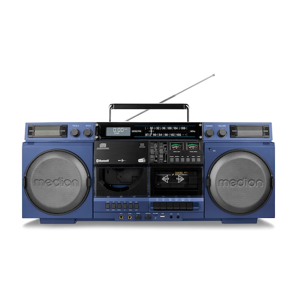 MEDION® LIFE P66538 Retro-Boombox blau, DAB+/PLL-UKW Radio, Bluetooth® 5.3 für das Abspielen von Smartphone & Co, CD-Player, Kassettendeck, X-Bass Funktion, 2 x 10 W RMS