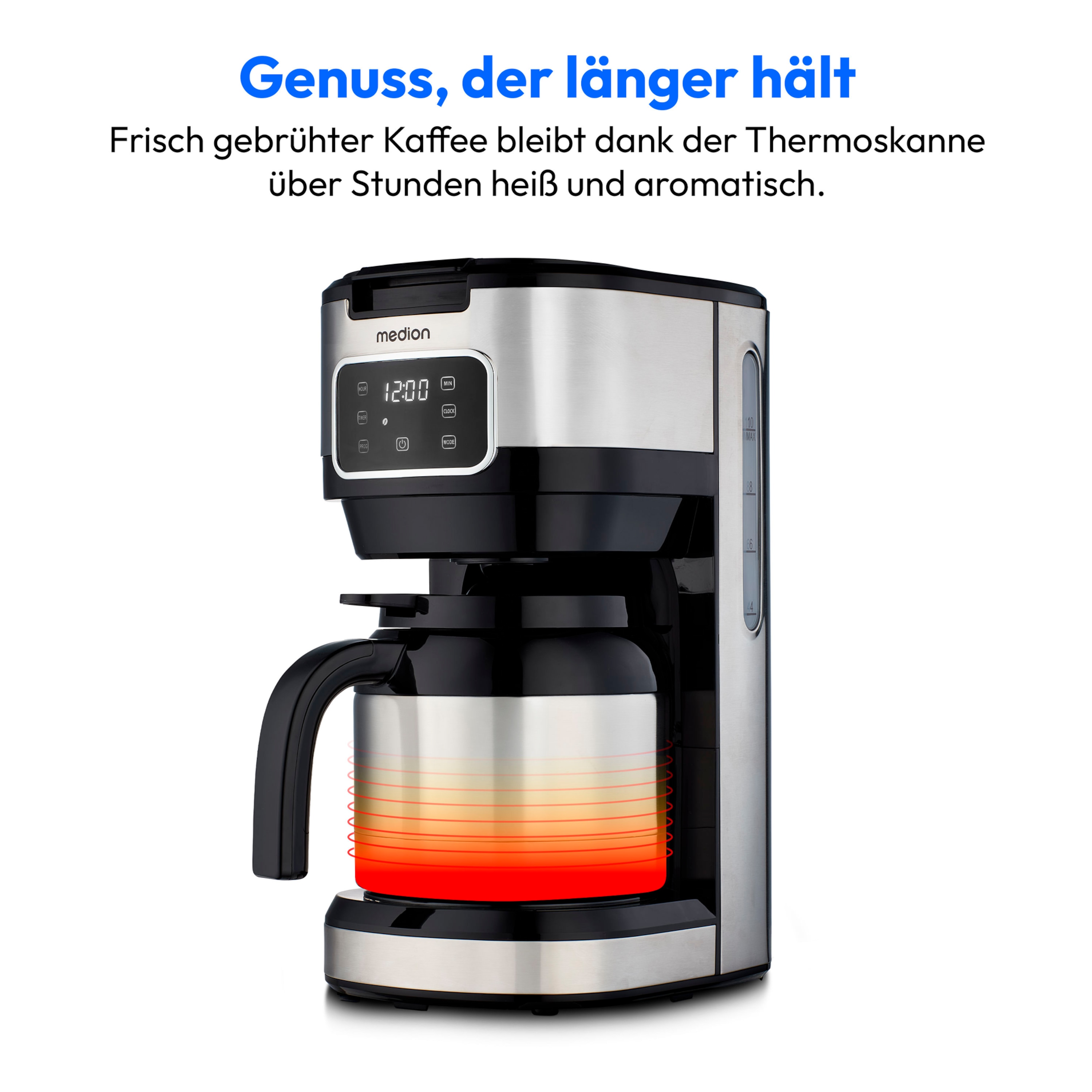 MEDION® LIFE Kaffeemaschine mit Thermoskanne MD11019, 900 Watt Leistung, bis zu 10 Tassen, Timer-Funktion, Touch-Sensir-Bedienfeld
