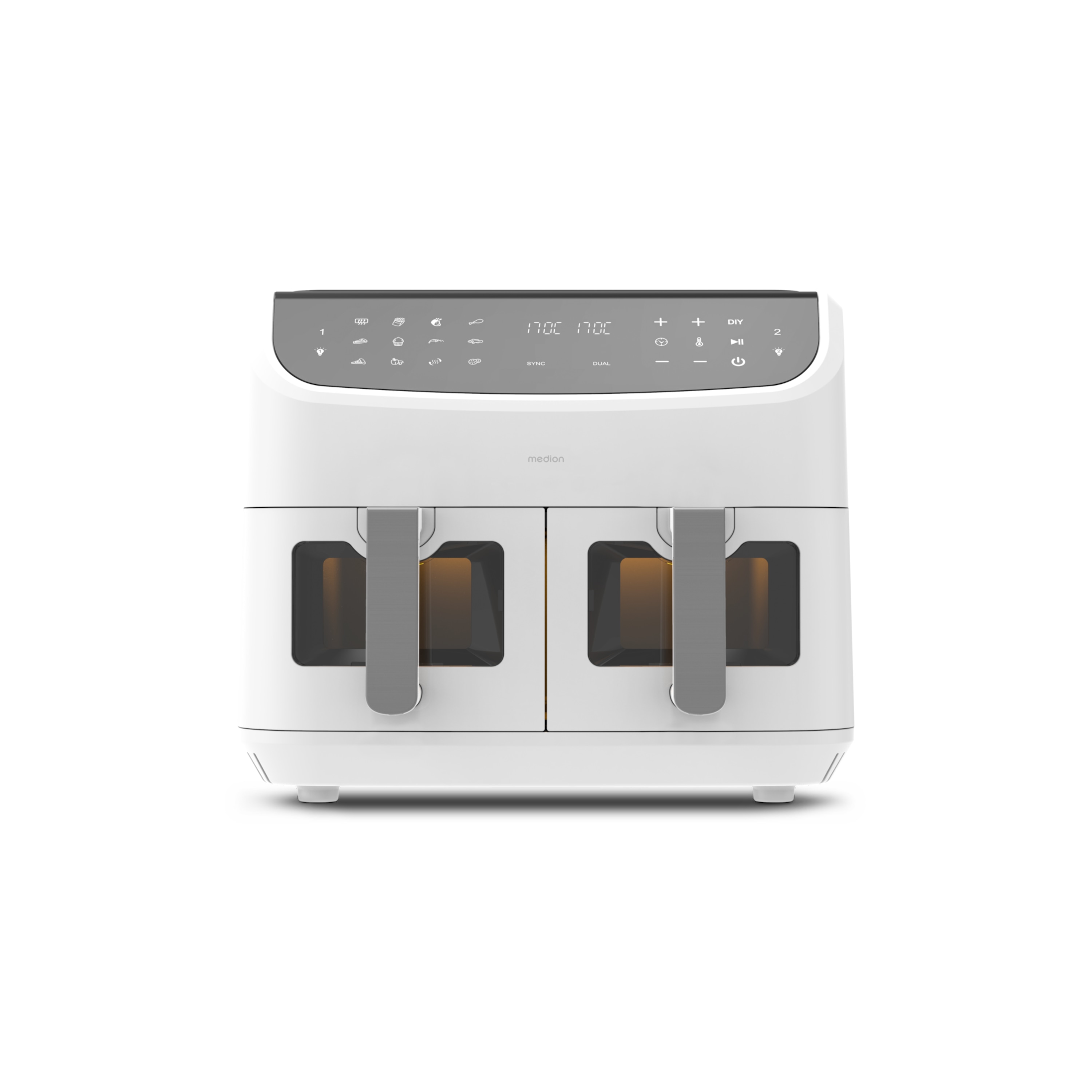 MEDION® LIFE® P20 XXL Twin Matt Doppelzonen-Heißluftfritteuse MD11760, 100 Rezepte in der Life+ App, 2 separate Garzonen, 9 Automatikprogramme, 8,7 L Gesamt-Nutzinhalt, 2.600 Watt, Temperatur einstellbar bis 200 °C