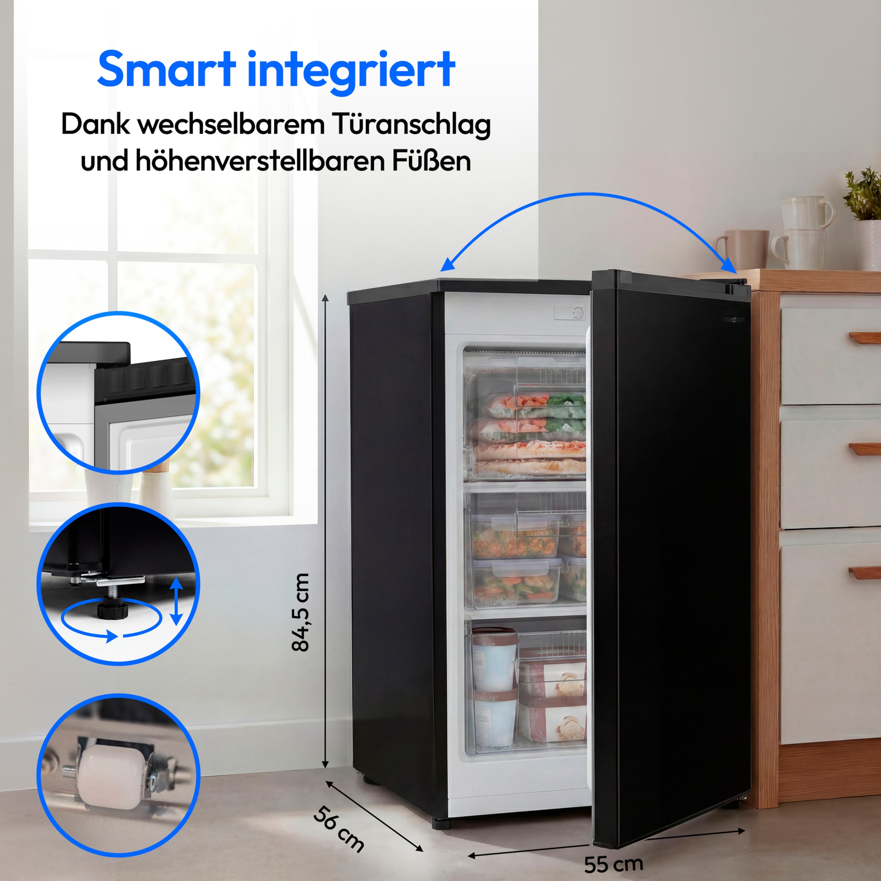MEDION® LIFE Gefrierschrank MD370018 Schwarz, 85 L Nutzinhalt, 3 Türfächer, manuelle Abtauung, Temperaturbereich 0–5 °C, Energieklasse C, leiser Kompressorbetrieb (39 dB), wechselbarer Türanschlag