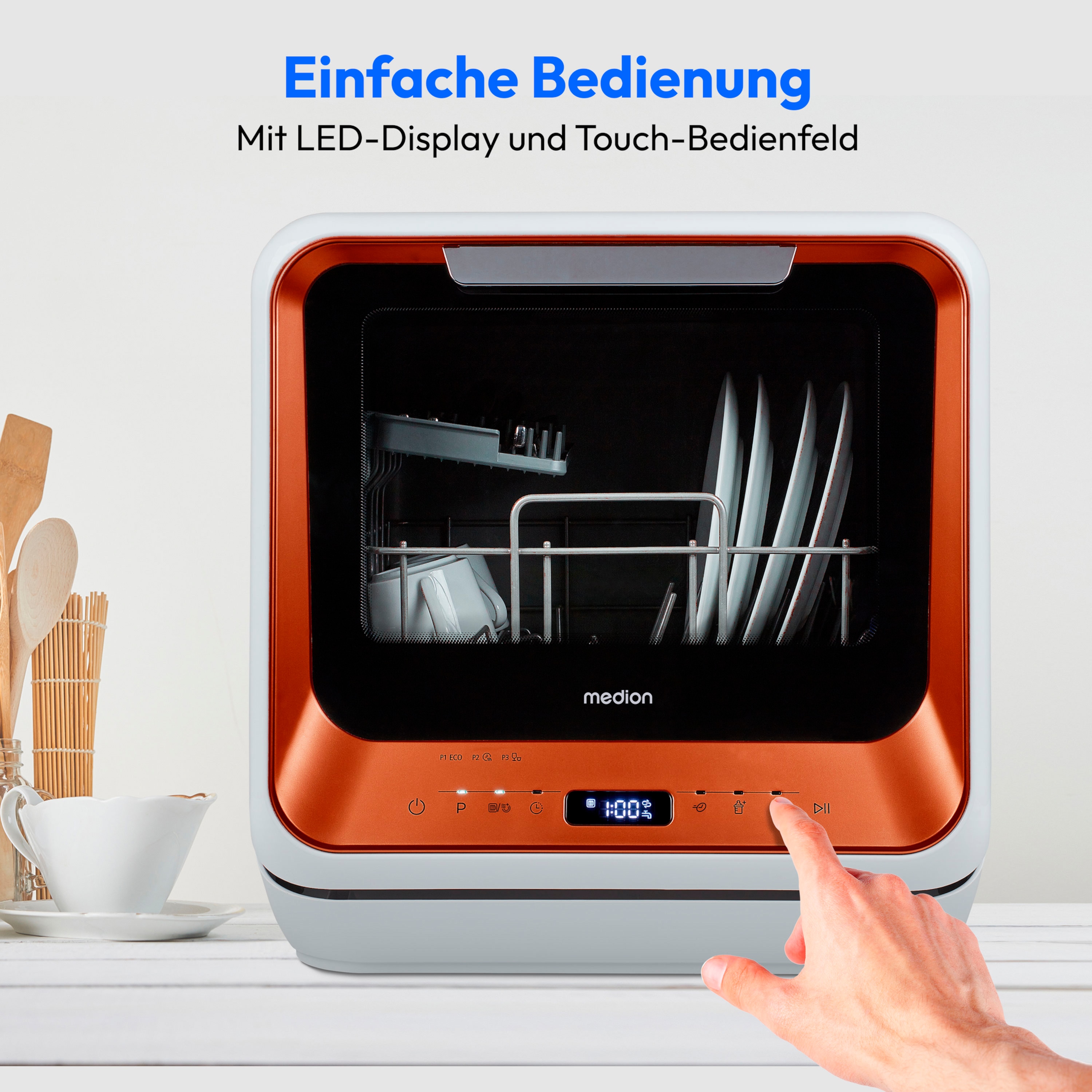 MEDION® LIFE® Mini-Geschirrspüler DWT20 (MD37763), für 2 Gedecke, 6 Reinigungsprogramme, Startzeitvorwahl
