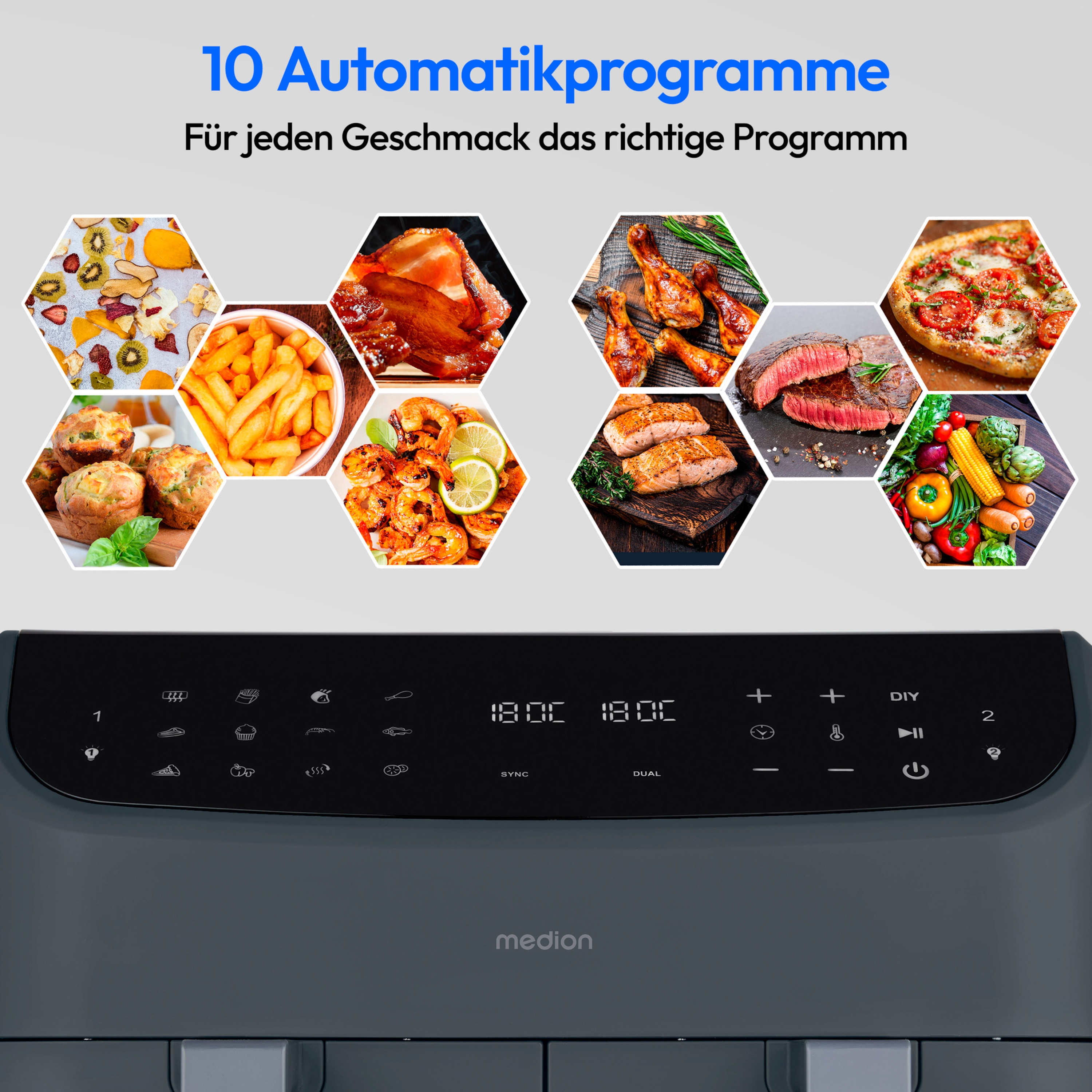 MEDION® LIFE® P20 XXL Twin Doppelzonen-Heißluftfritteuse MD 11760 matt grau, 100 Rezepte in der Life+ App, 2 separate Garzonen, 9 Automatikprogramme, 8,7 L Gesamt-Nutzinhalt, 2.600 Watt, Temperatur einstellbar bis 200 °C