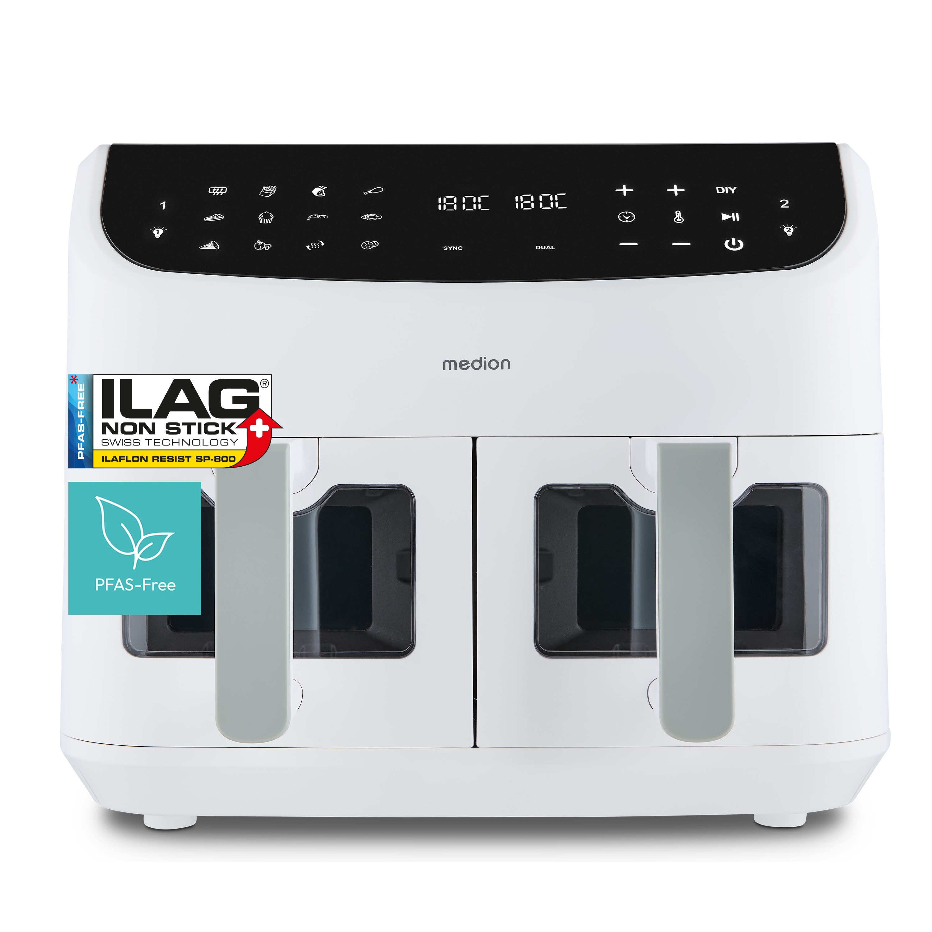 MEDION® LIFE® P20 XXL Twin Matt Doppelzonen-Heißluftfritteuse MD11760, 100 Rezepte in der Life+ App, 2 separate Garzonen, 9 Automatikprogramme, 8,7 L Gesamt-Nutzinhalt, 2.600 Watt, Temperatur einstellbar bis 200 °C