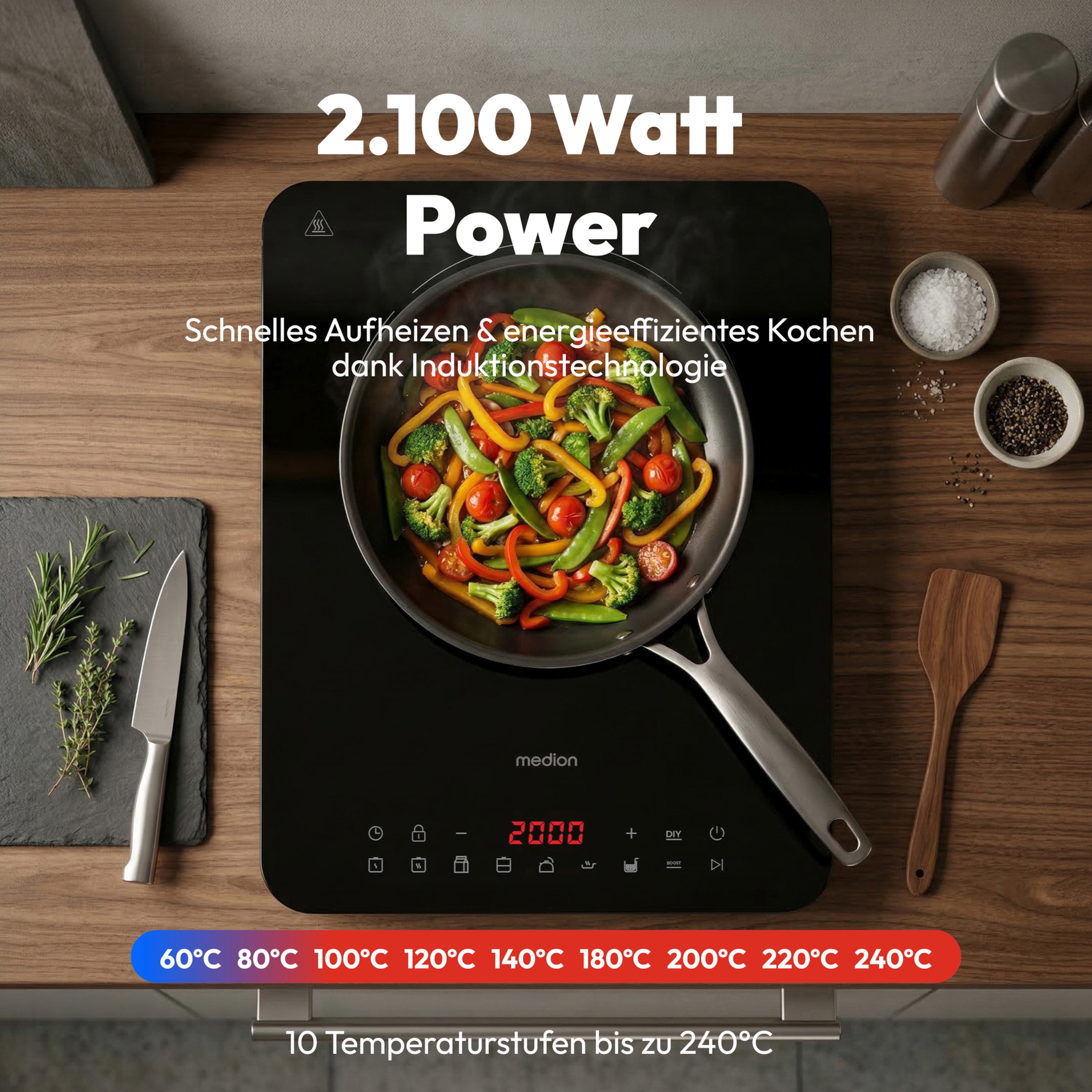 MEDION® Induktionskochplatte MD 100090, extra flach, 2100 Watt Induktionsleistung, 8 Automatikprogramme, LED Display, automatische Topferkennung