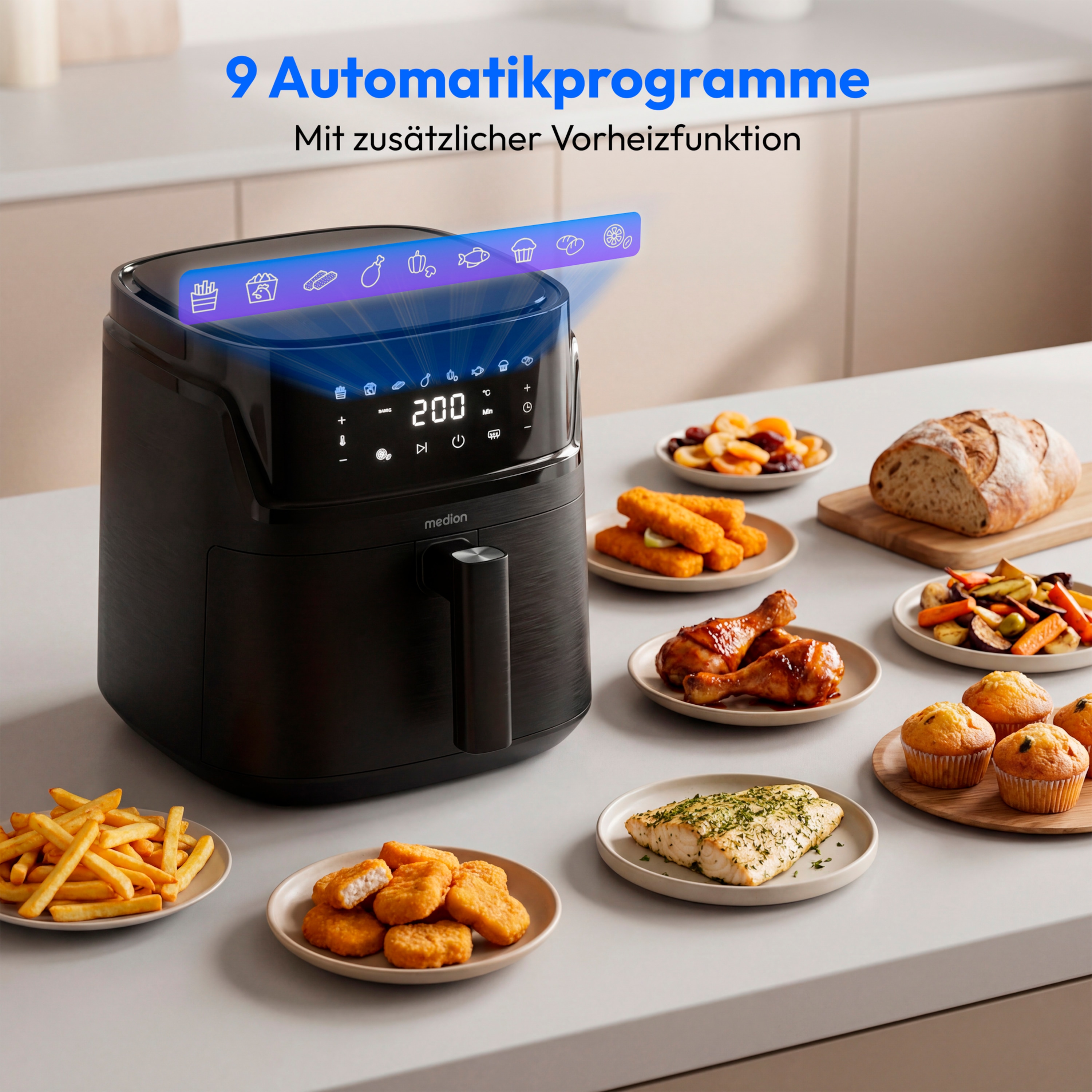 MEDION® LIFE Heißluftfritteuse MD100056, 7,2 L Gesamtvolumen, 10 Automatikprogramme, Edelstahl-Heizelement, digitales Sensor-Touch-Display, Temperatur 40–200 °C, ILAG SP-800 Beschichtung