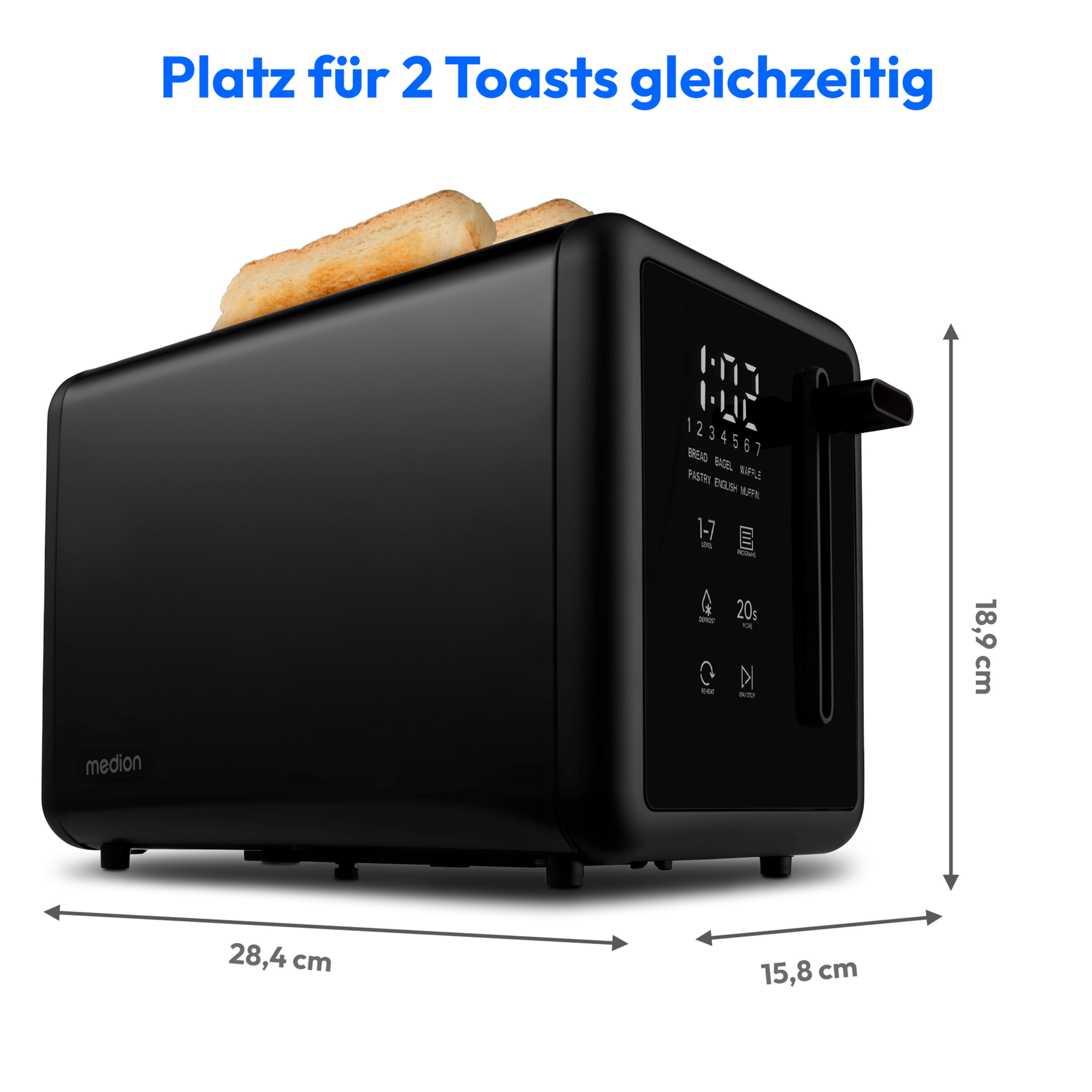 MEDION® MEDION LIFE Toaster MD12102, 2 Toastschlitze für zwei Toastscheiben, LED Sensor-Touch-Display für präzise Steuerung, 7 Bräunungsstufen und 5 Automatikprogramme