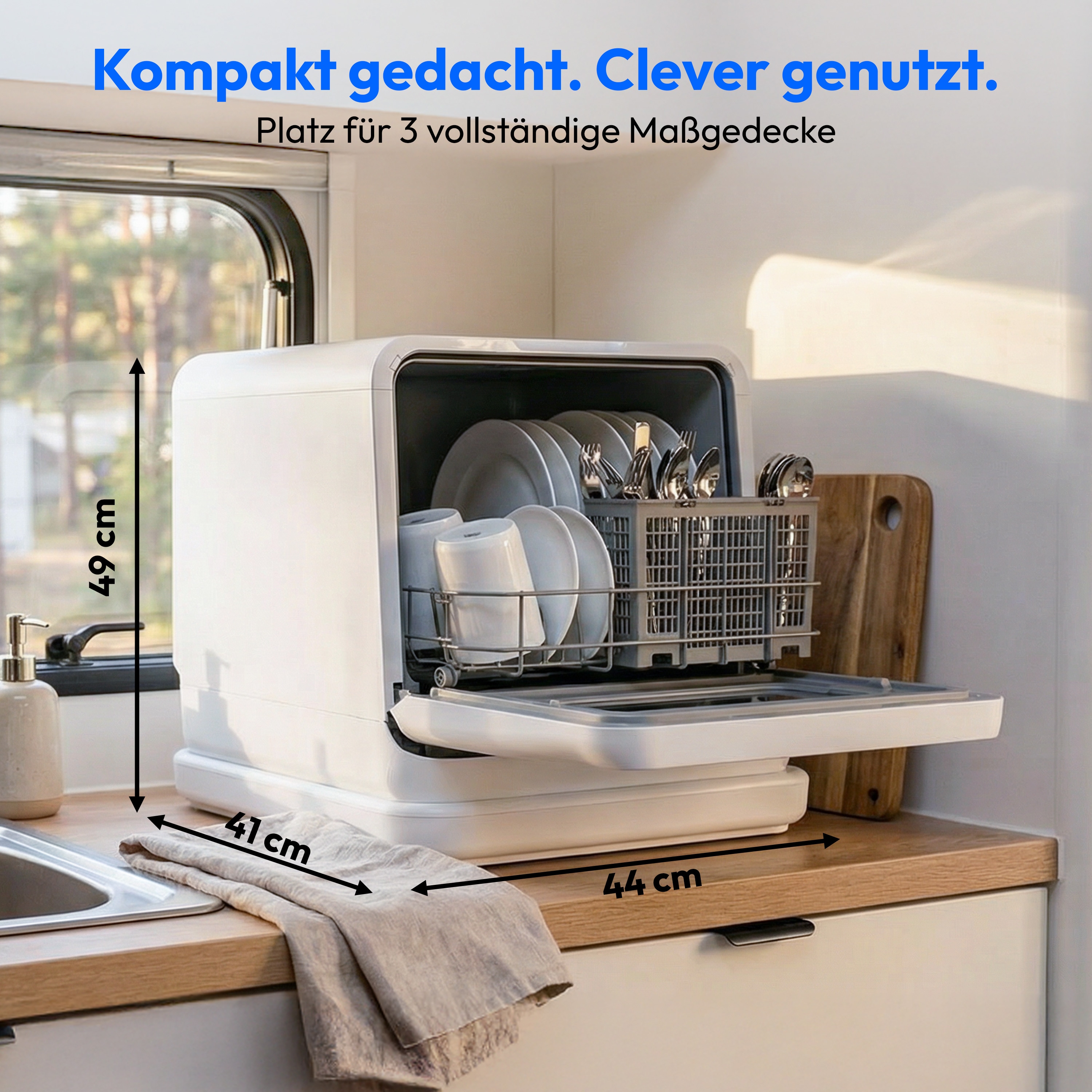 MEDION® LIFE Mini-Geschirrspüler DWT30 (MD370022), 3 Maßgedecke, 3-in-1 Betrieb mit Wassertank, 6 Programme, UV-Licht, Lüfter-Trocknung, LED-Touch-Display