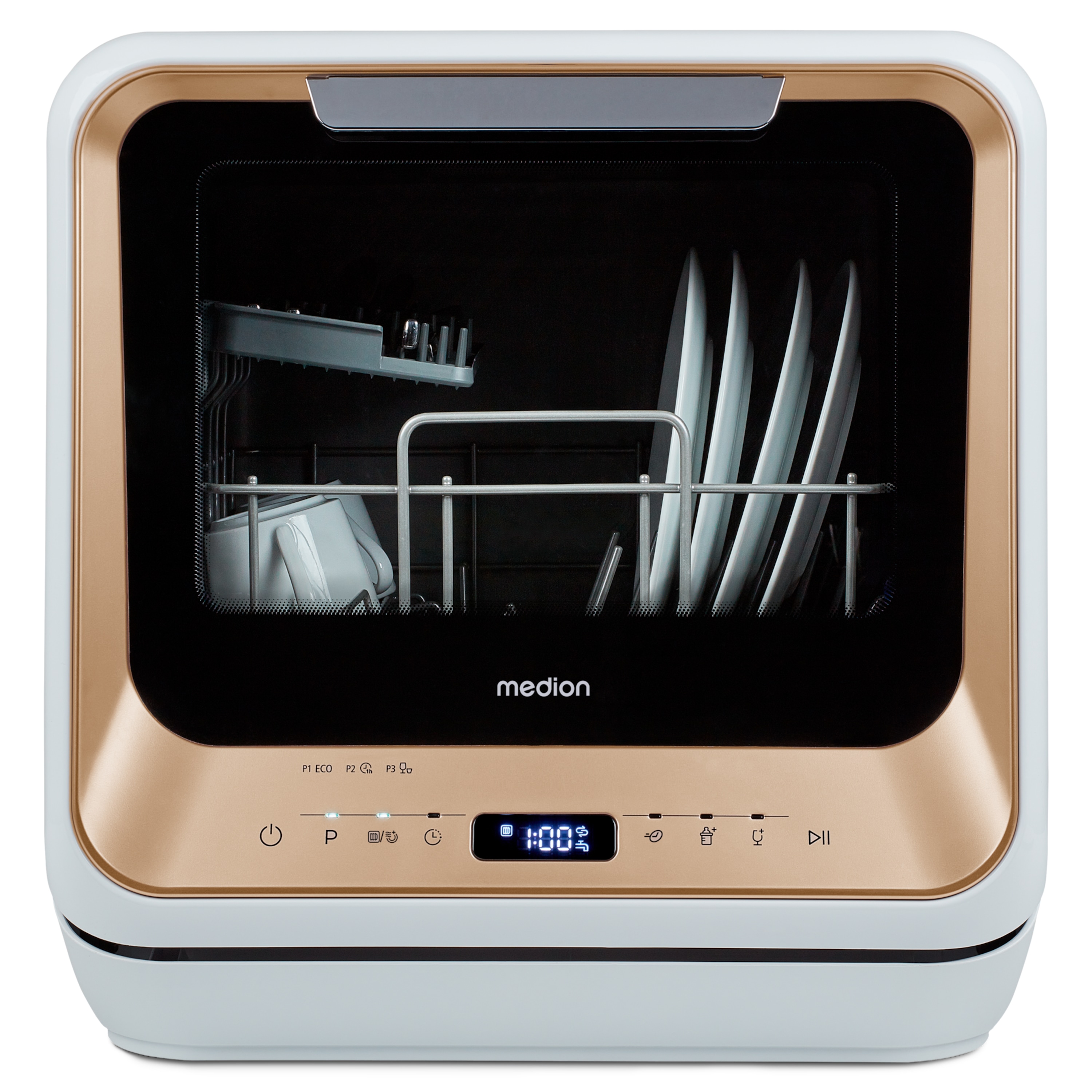 MEDION® LIFE® Mini-Geschirrspüler DWT20 (MD37763), für 2 Gedecke, 6 Reinigungsprogramme, Startzeitvorwahl