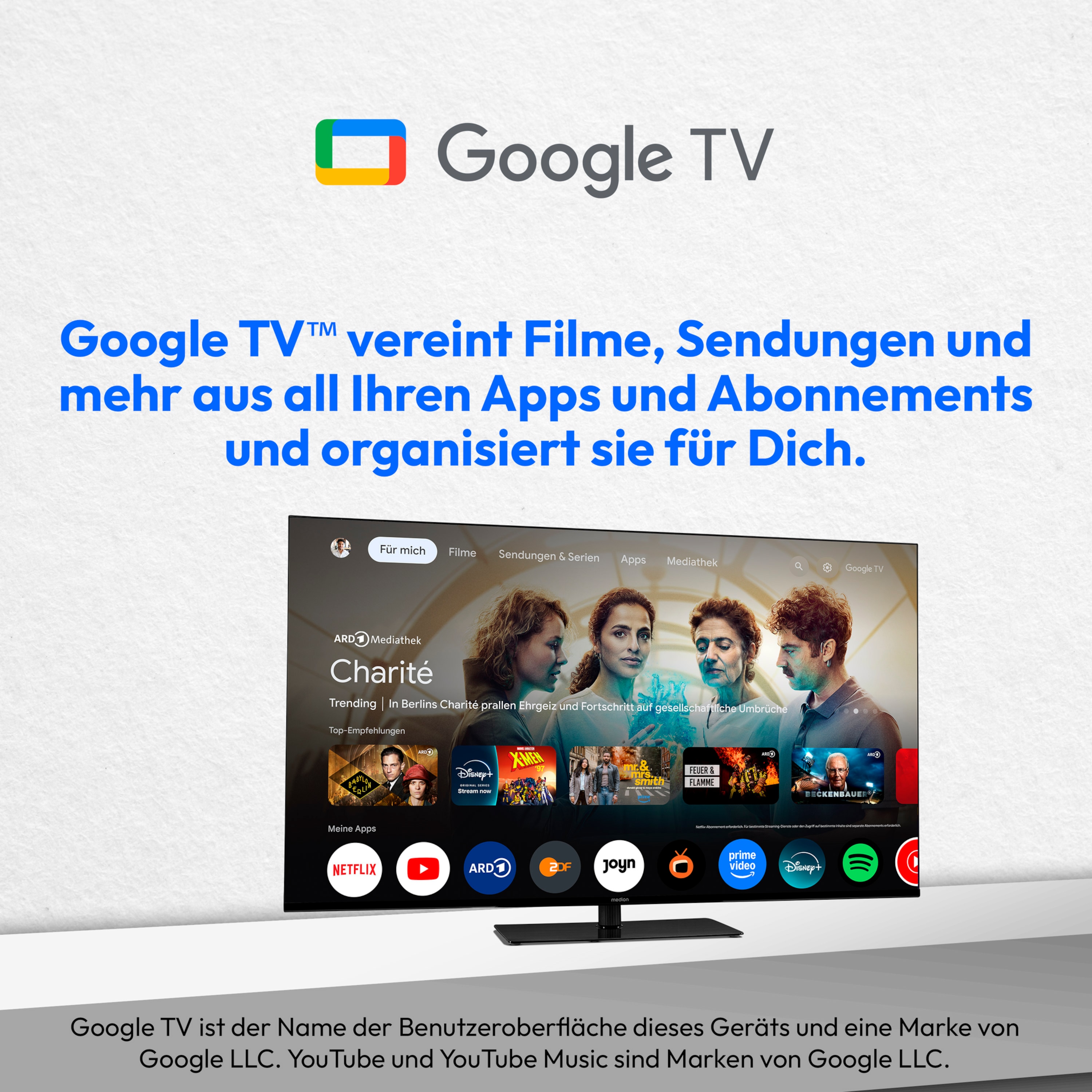 MEDION® LIFE MD 843400 Google TV™, 108 cm (43'') Ultra HD, HDR, Dolby Vision®, MEMC, PVR ready, Netflix, Amazon Prime Video, Bluetooth®, Dolby Atmos, DTS Virtual X, DTS X, HD Triple Tuner, CI+ Schnittstelle