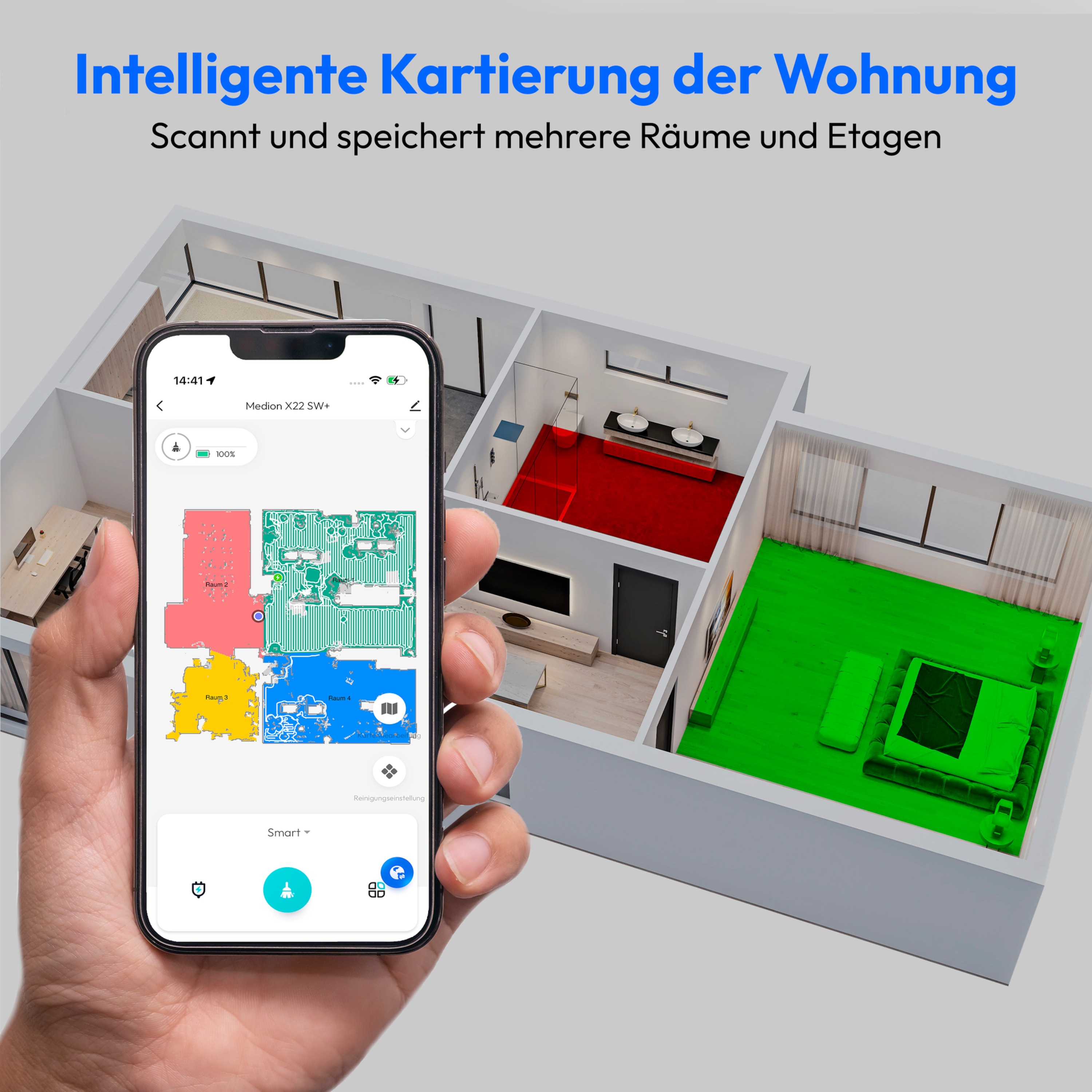 MEDION® Saugroboter mit Absaugstation X22 SW+ grau, Wischfunktion, Lasernavigation, 5.000 Pa Saugkraft, No Go & Go Bereiche, präzise Kartenerstellung, mehrere Etagen, App-Steuerung