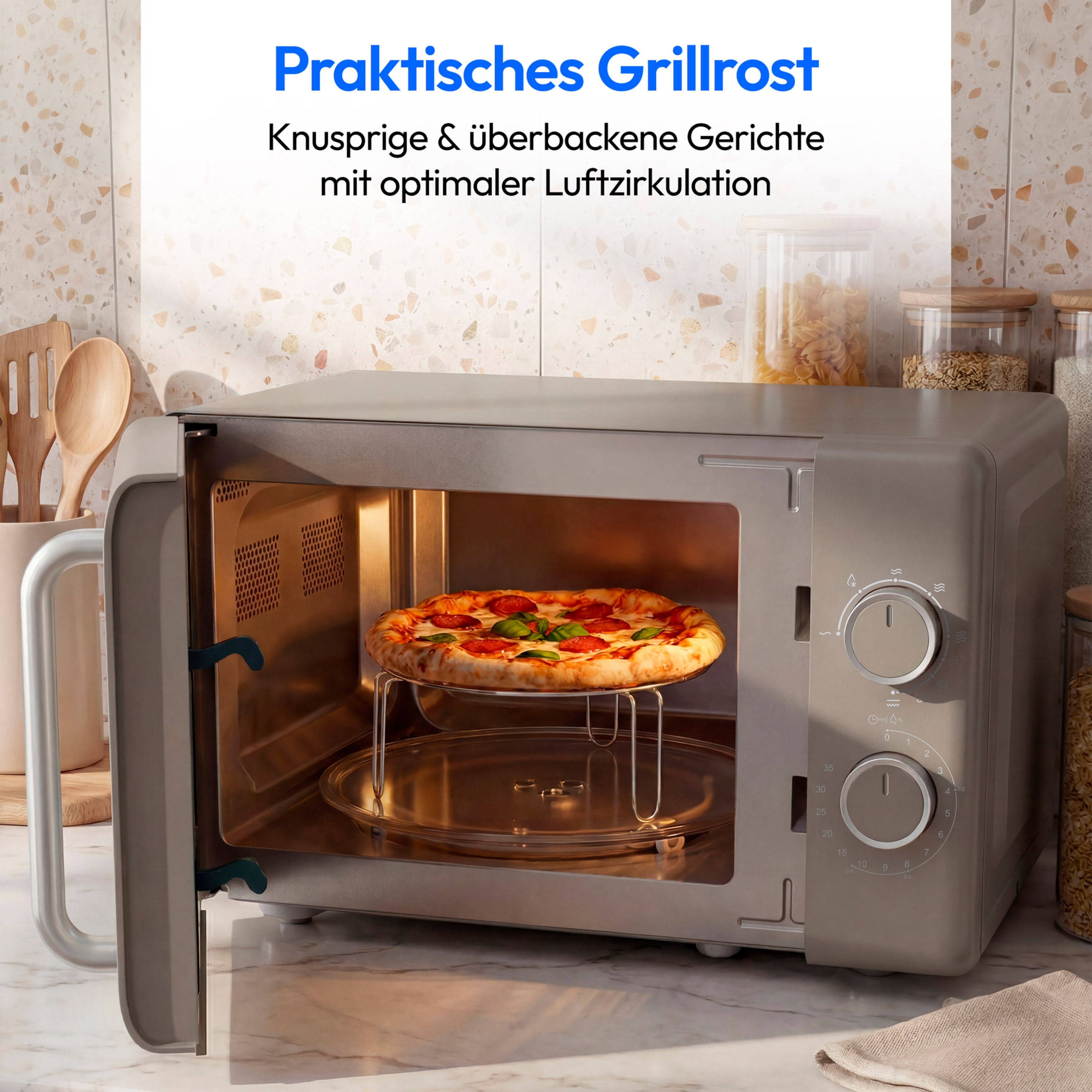 MEDION® LIFE® Retro-Mikrowelle MD 100119, 800 W Leistung, Grillfunktion, 20 L kompakt, 5 Mikrowellenstufen, Auftaufunktion, Timerfunktion, stilvolles Retro-Design