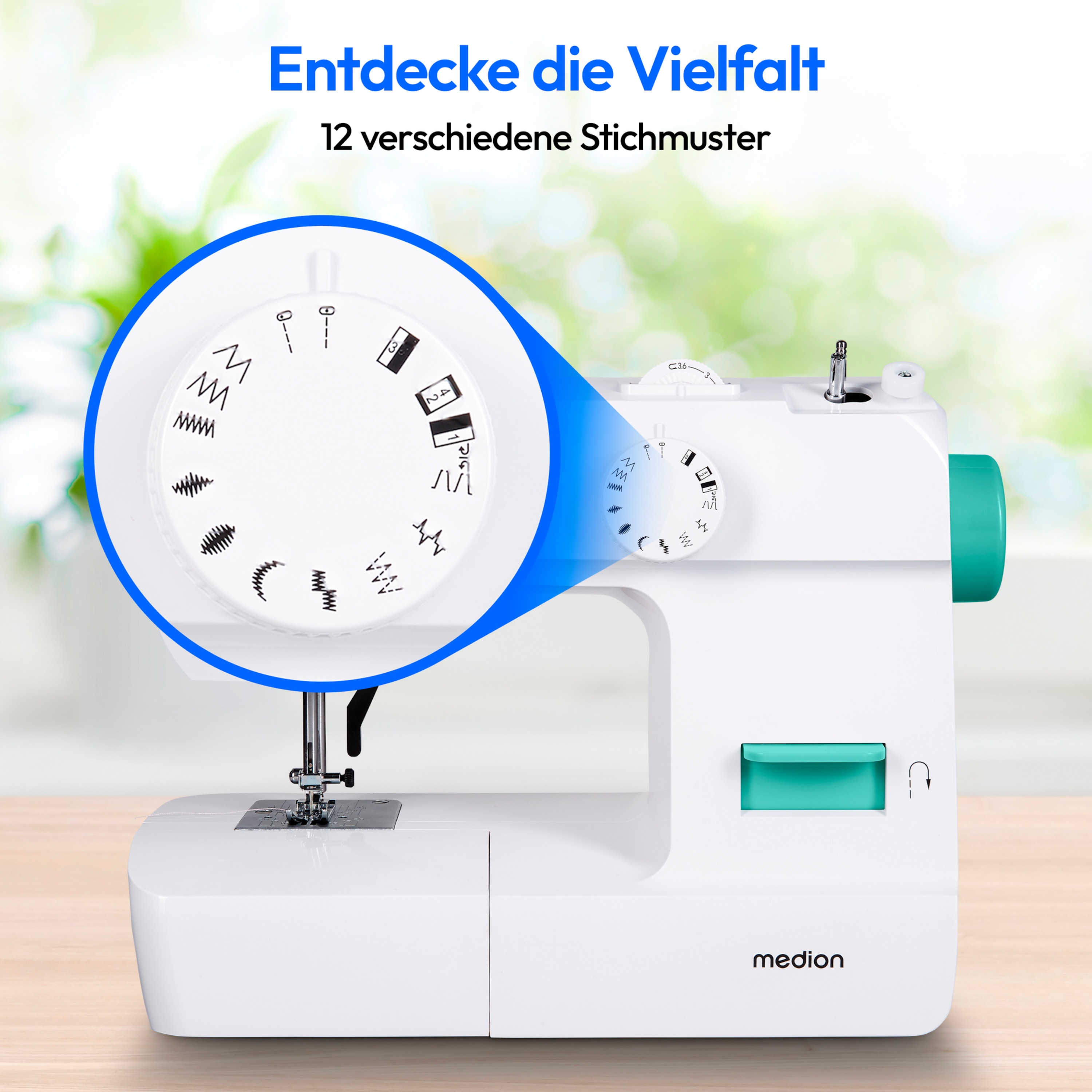 MEDION® LIFE Nähmaschine SM70 (MD 11179) , 12 verschiedene Stickmuster, 4-Stufen-Knopfloch,  einstellbare Stichlänge, 70-Watt-Motorleistung