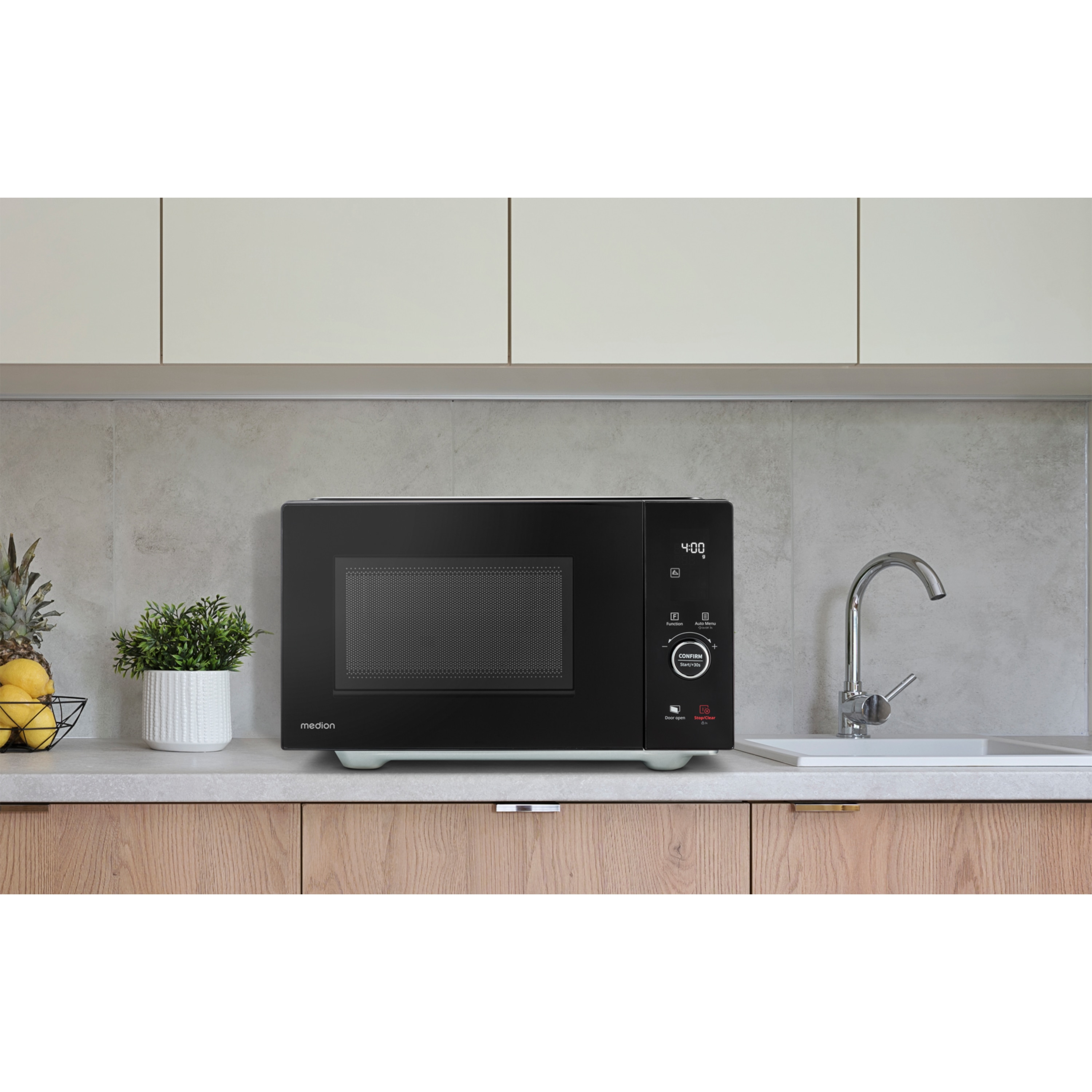 MEDION® LIFE® 4 in 1 Mikrowelle MD12041, 900 Watt Mikrowellenleistung, 1100 W Obergrillleistung, 500 W Untergrilleistung, 2100 W Heißluftfunktion, 2 Heizelemente, Sensor-Touch-Türöffnung, 11 Automatikprogramme, 25 L Kapazität, 10 Leistungsstufen