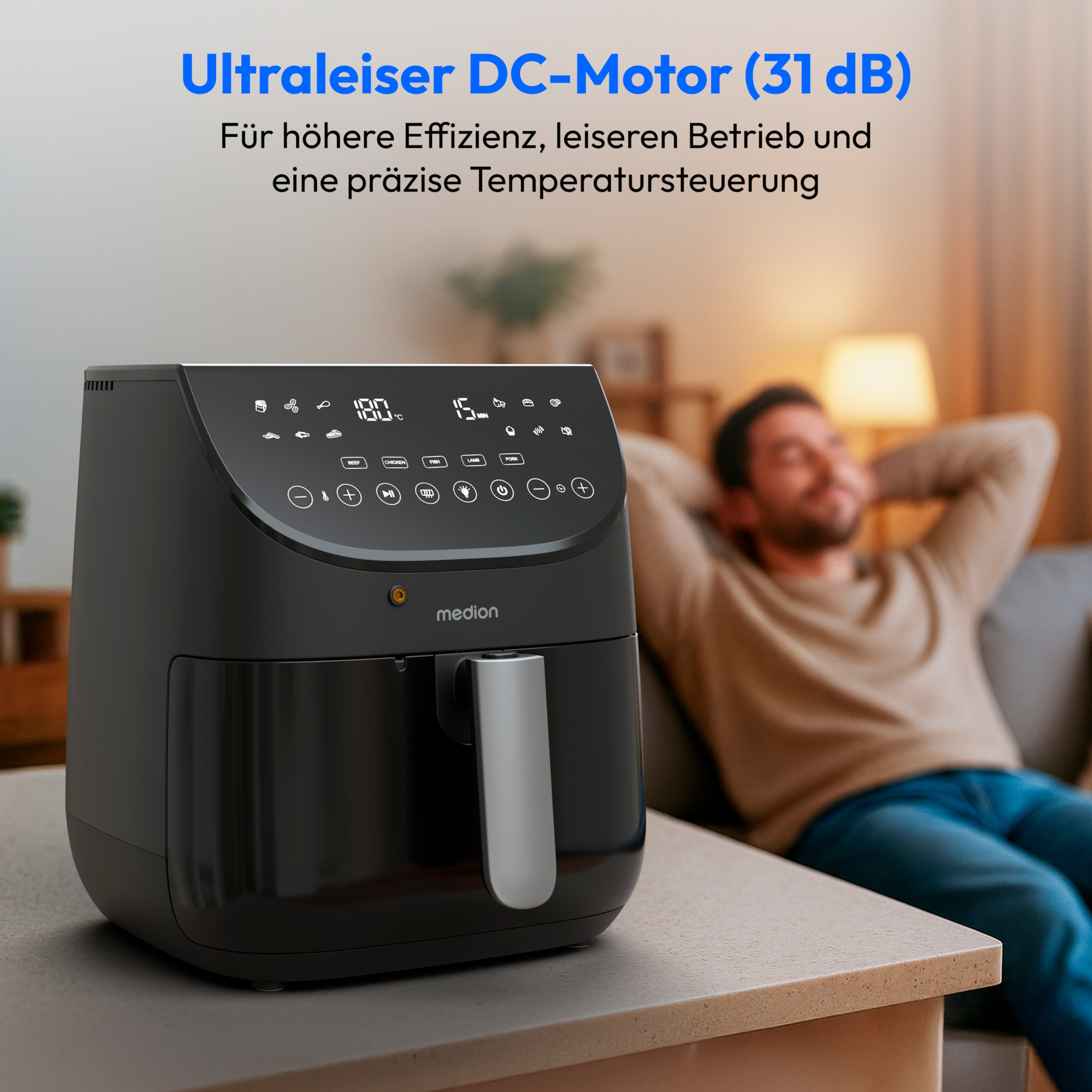 MEDION® LIFE Heißluftfritteuse X20 XL (MD13060), Temperaturfühler, MEDION Life+ App, Touch-Sensor- Bedienfeld, 6,6 L Fassungsvermögen, 10 Automatikprogramme, 5 Fleischprogramme