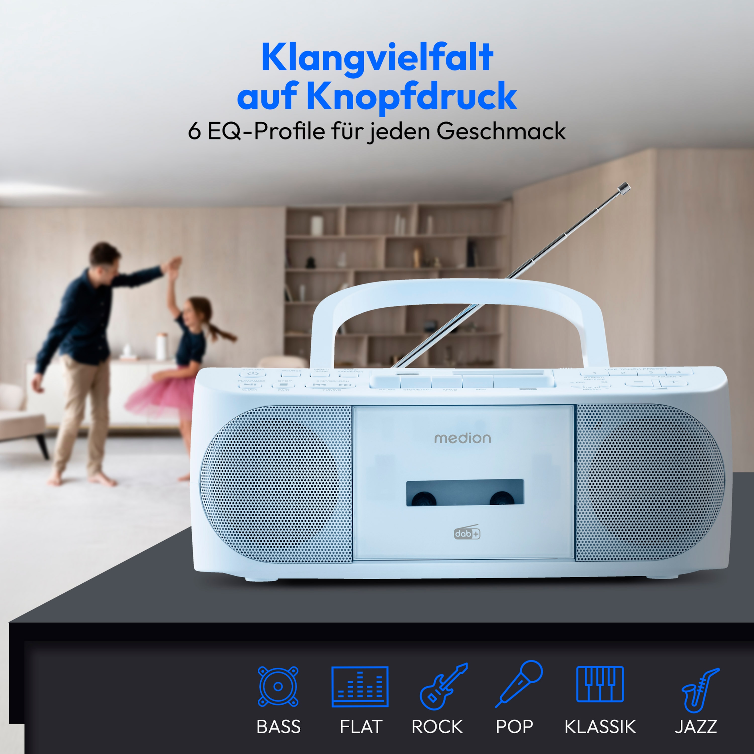 MEDION® LIFE® DRX-1 Plus Boombox, DAB+/PLL-UKW-Stereo Radio, Bluetooth® 5.4, CD-Kassetten-Radio mit MP3-Wiedergabe, USB Anschluss, CD-R/RW kompatibel, AUX-In, 2 x 3 W RMS