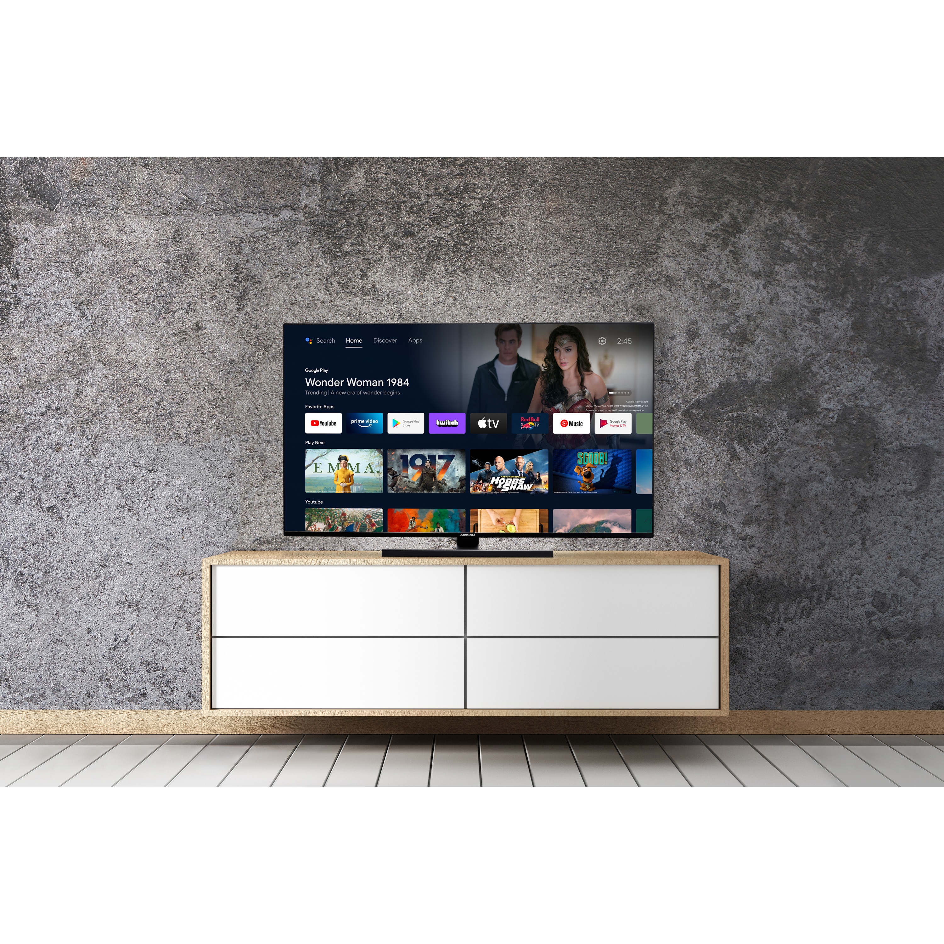 MEDION® LIFE® X14377 (MD 30075) QLED Android TV, 108 cm (43'') Ultra HD Smart-TV, HDR, Dolby Vision®, Micro Dimming, MEMC, PVR ready, Netflix, Amazon Prime Video, Bluetooth®, DTS Virtual X, DTS X und Dolby Atmos Unterstützung, HD Triple Tuner, CI+