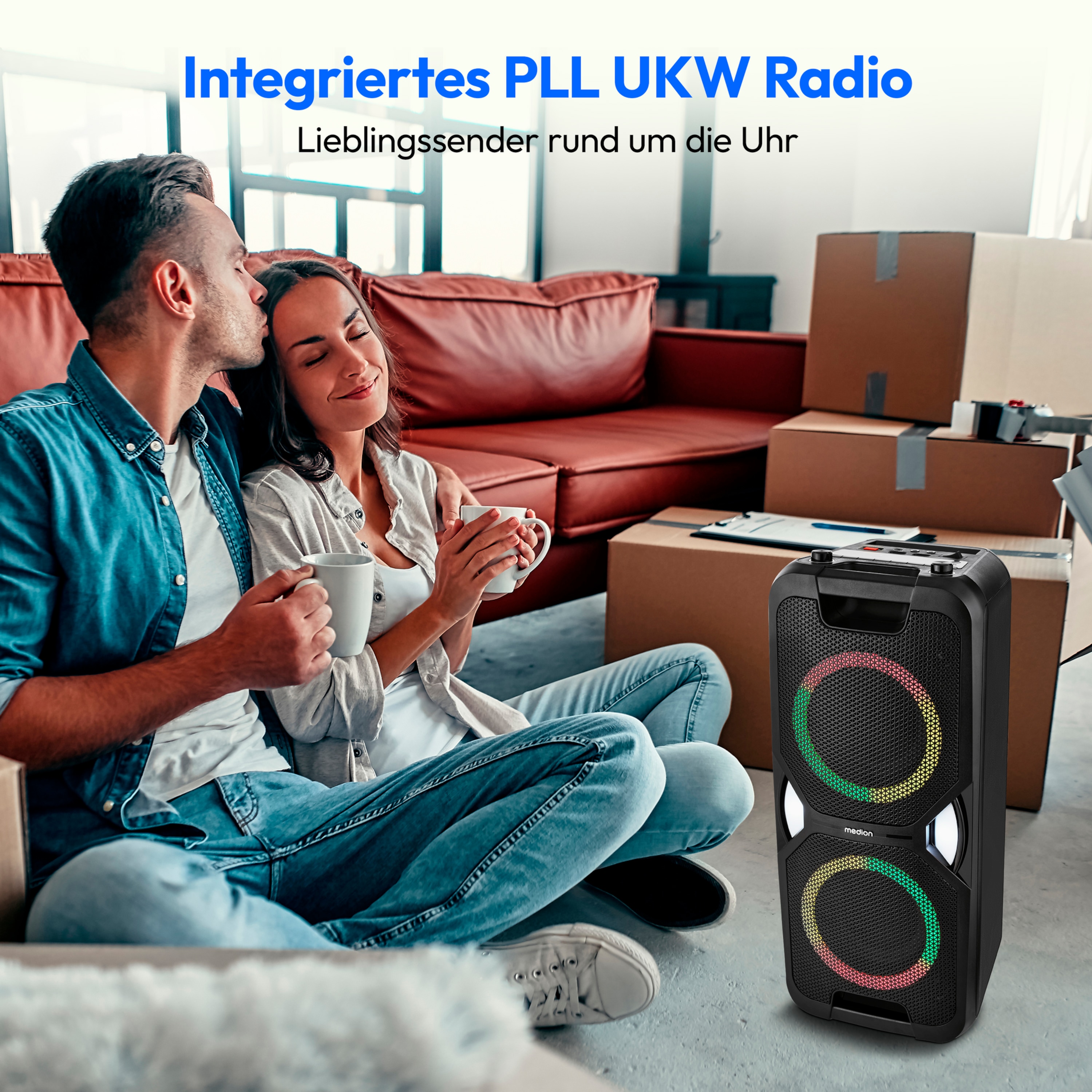 MEDION® LIFE® PE-1 Pure Partylautsprecher, PLL-UKW Radio, Bluetooth® 5.4, satter Sound, verschiedene Lichteffekte, X-Bass Bassanhebung, inkl. Mikrofon, 2 x 25 W RMS Ausgangsleistung