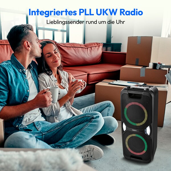 MEDION® LIFE PE-1 Pure Partylautsprecher, PLL-UKW Radio, Bluetooth® 5.4, satter Sound, verschiedene Lichteffekte, X-Bass Bassanhebung, inkl. Mikrofon, 2 x 25 W RMS Ausgangsleistung