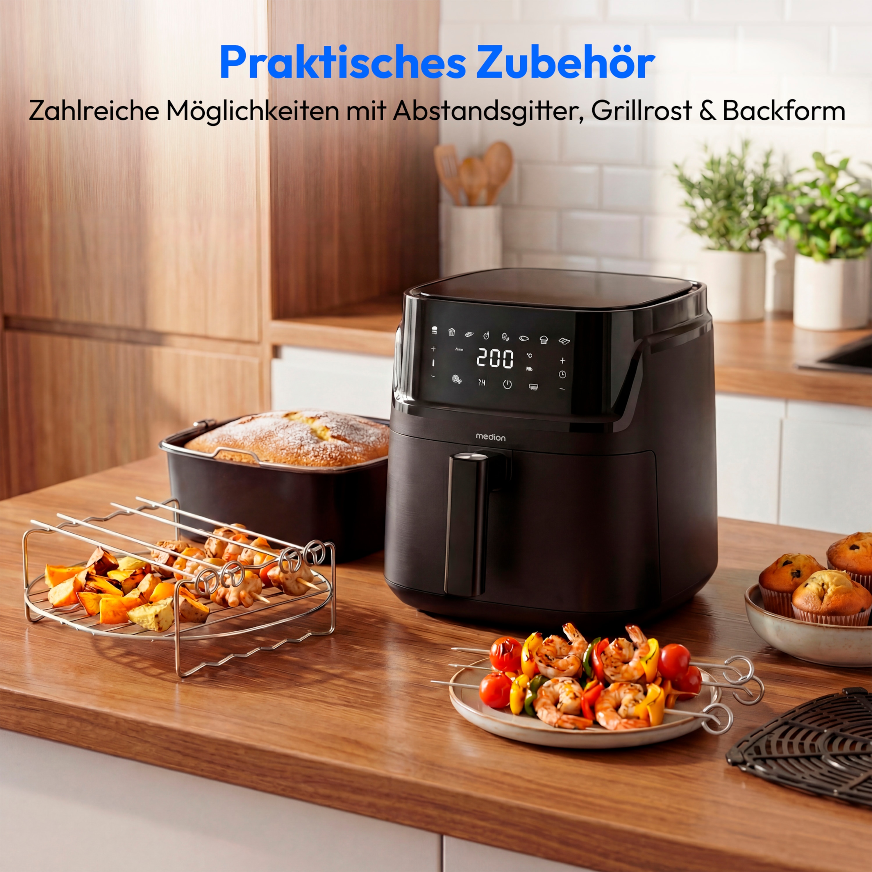 MEDION® LIFE Heißluftfritteuse MD100056, 7,2 L Gesamtvolumen, 10 Automatikprogramme, Edelstahl-Heizelement, digitales Sensor-Touch-Display, Temperatur 40–200 °C, ILAG SP-800 Beschichtung