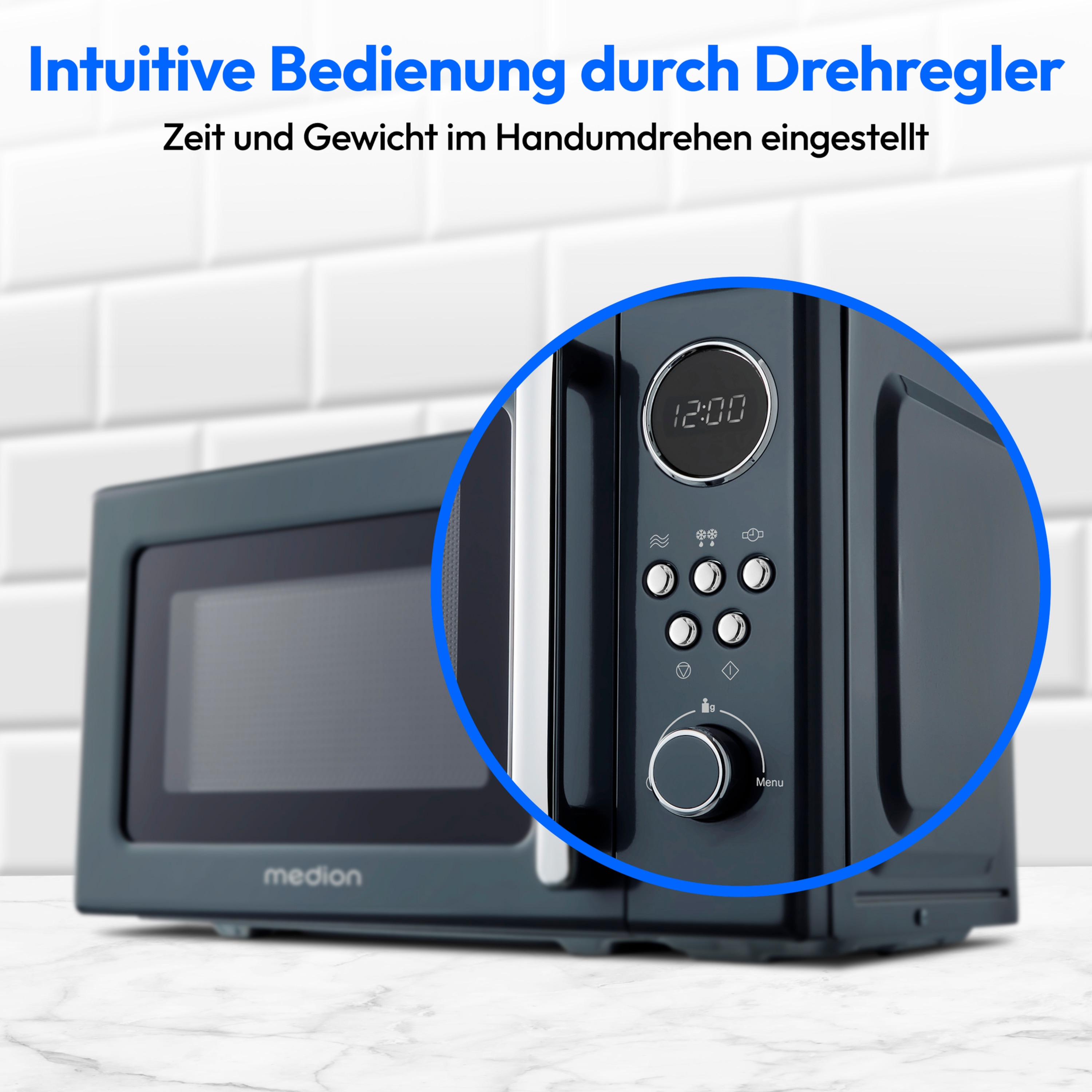MEDION® Retro-Mikrowelle MD 15000, grau, 800 W Leistung, 20 L kompakt, 5 Mikrowellenstufen, Auftaufunktion, Timerfunktion, stilvolles Retro-Design