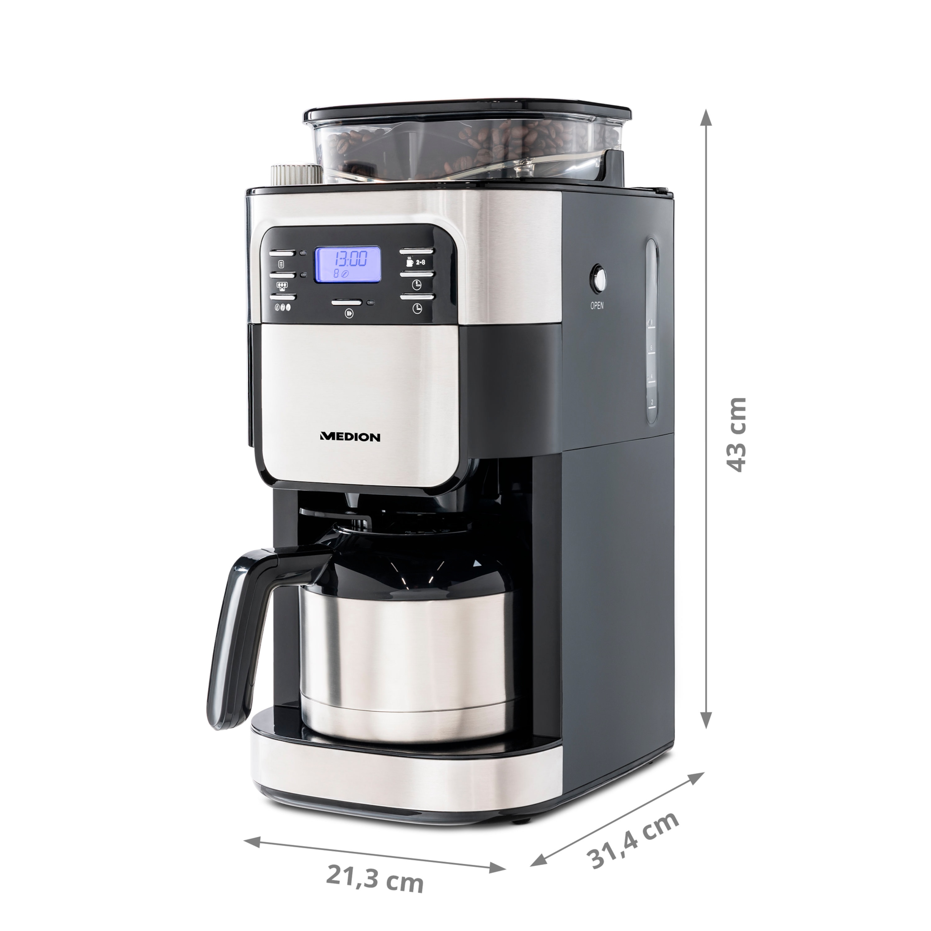 MEDION® Kaffeemaschine mit Mahlwerk MD 19777, 900W Leistung, 1 L Fassungsvermögen (8 Tassen), praktische Isolierkanne