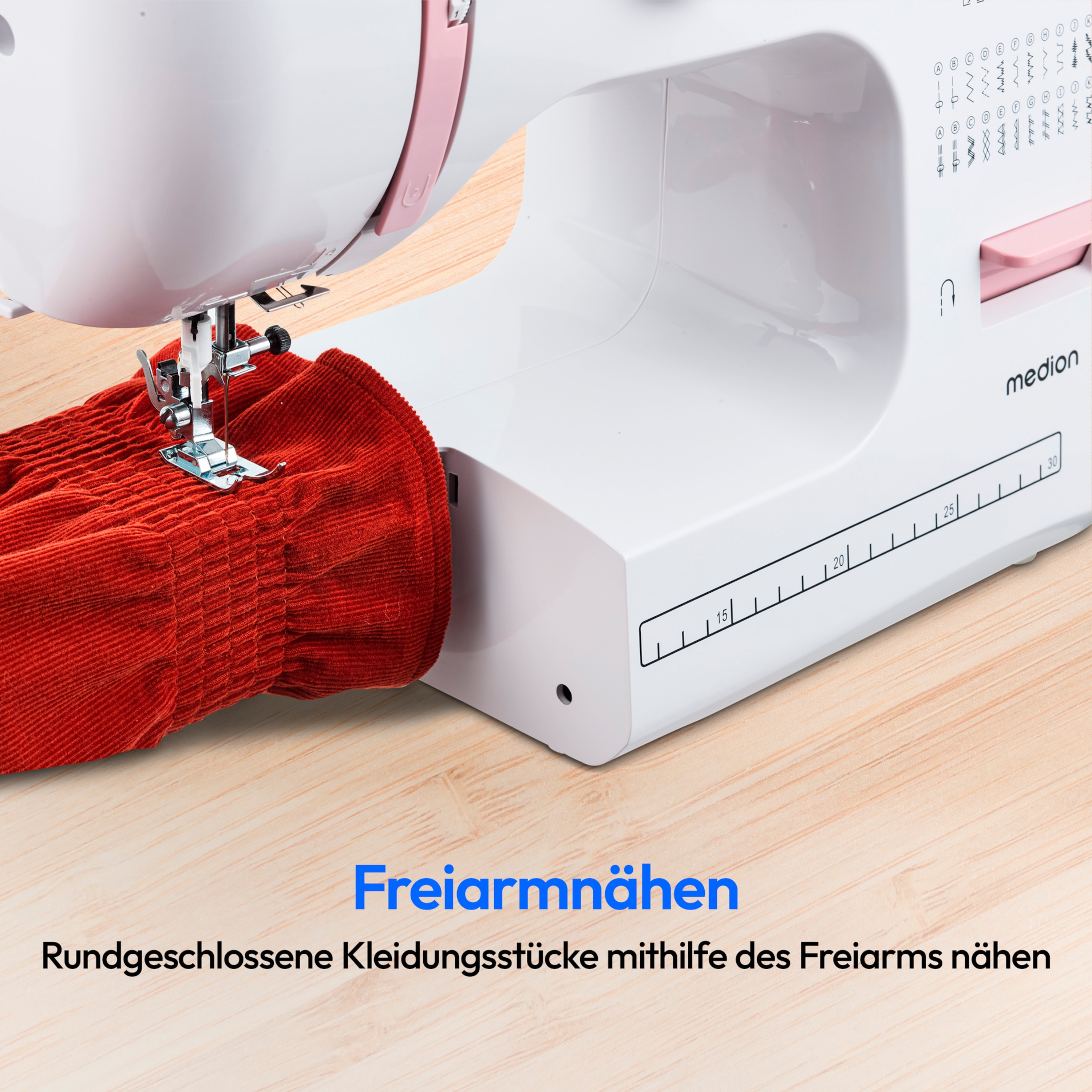 MEDION® LIFE® Freiarm-Nähmaschine SM60 (MD10689), einstellbare Stichlänge und Stichbreite, automatischer Einfädler, 60 verschiedene Stichmuster, integriertes Zubehörfach, 60 Watt Motorleistung