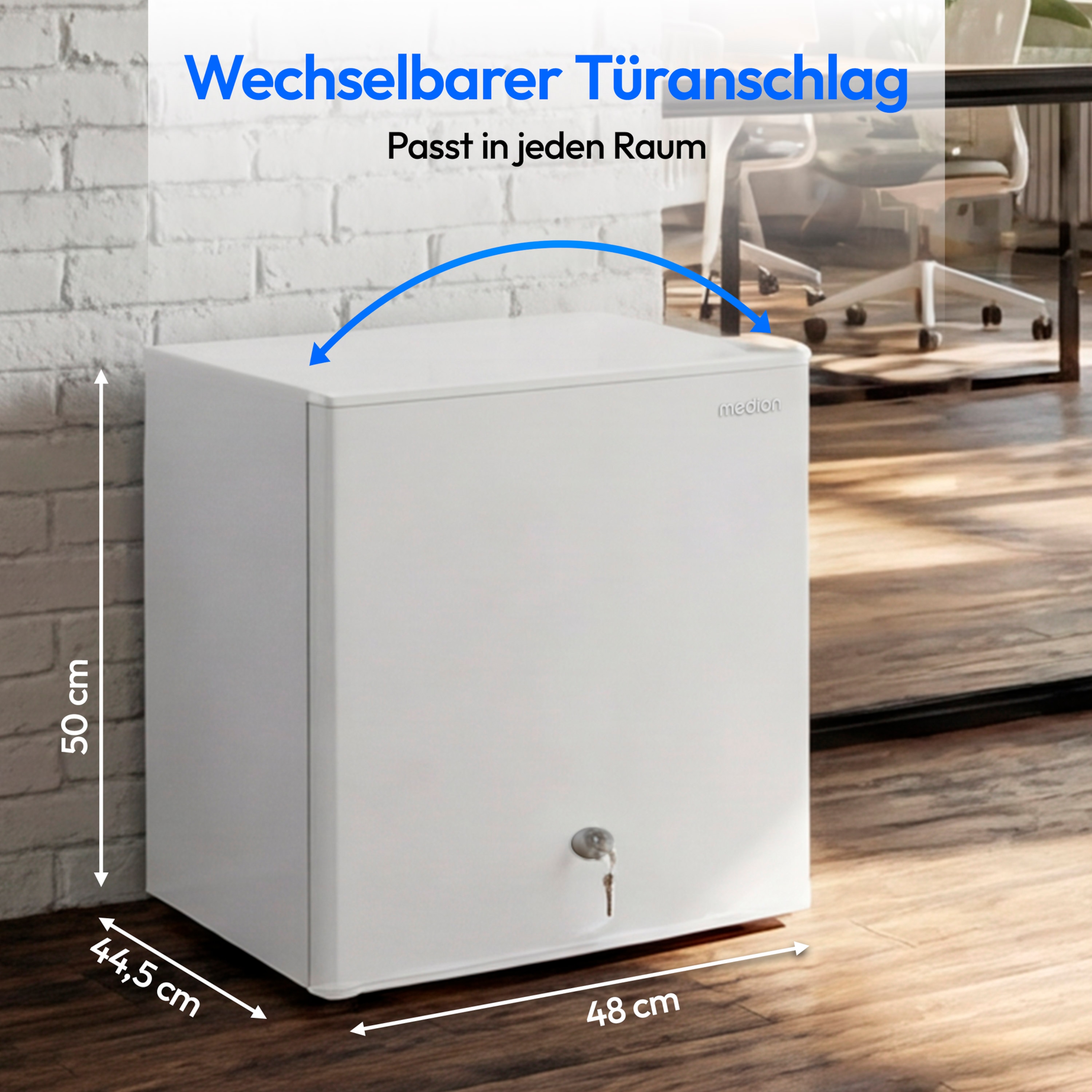 MEDION® LIFE Mini-Kühlschrank mit Eisfach und Schloss MD370001, 42 L Gesamtnutzinhalt (Kühlteil 37 L & Eisfach 5 L), wechselbarer Türanschlag, Schloss, geringer Geräuschpegel