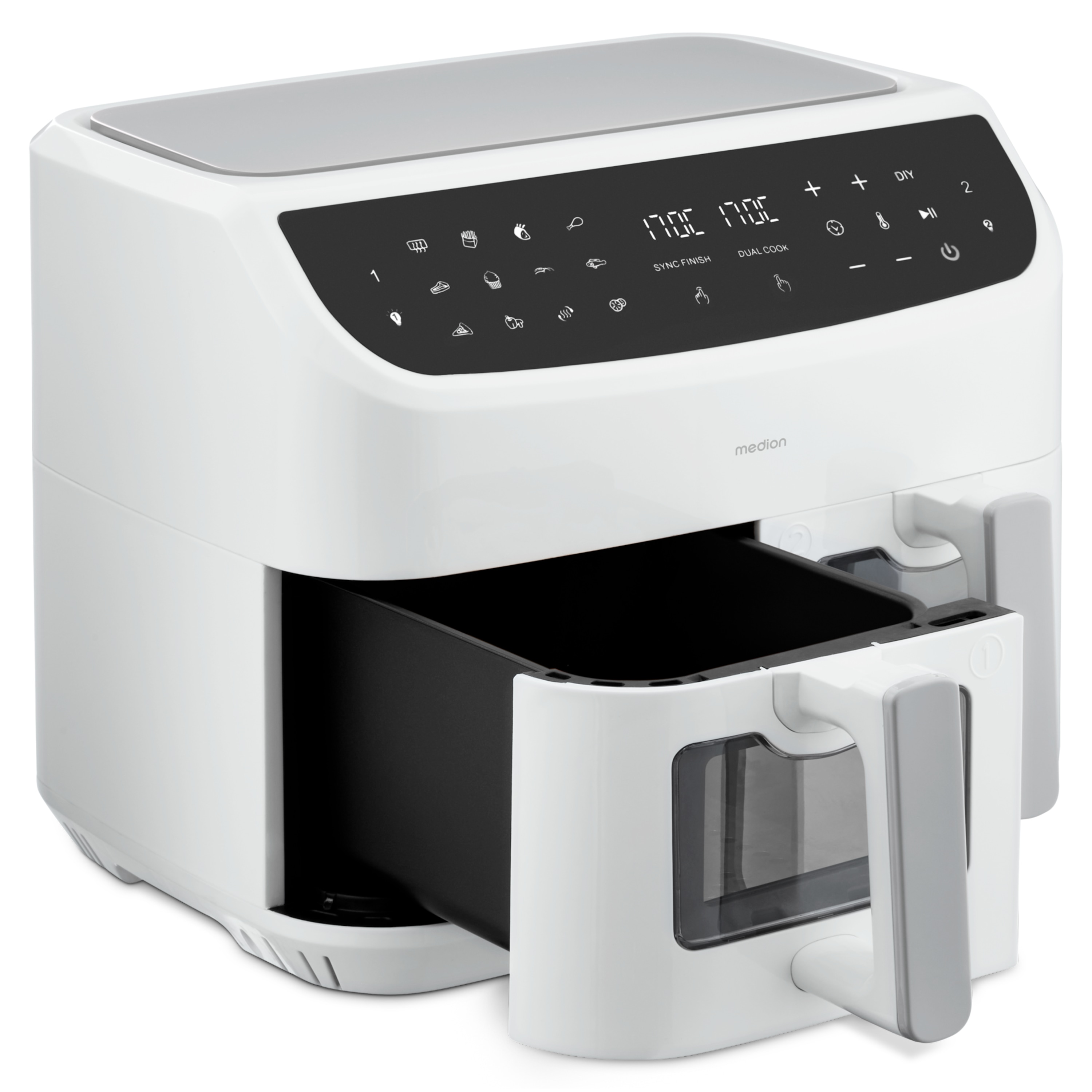 MEDION® LIFE® P20 XXL Twin Doppelzonen-Heißluftfritteuse MD 11760, 100 Rezepte in der Life+ App, 2 separate Garzonen, 9 Automatikprogramme, 8,7 L Gesamt-Nutzinhalt, 2.600 Watt, Temperatur einstellbar bis 200 °C