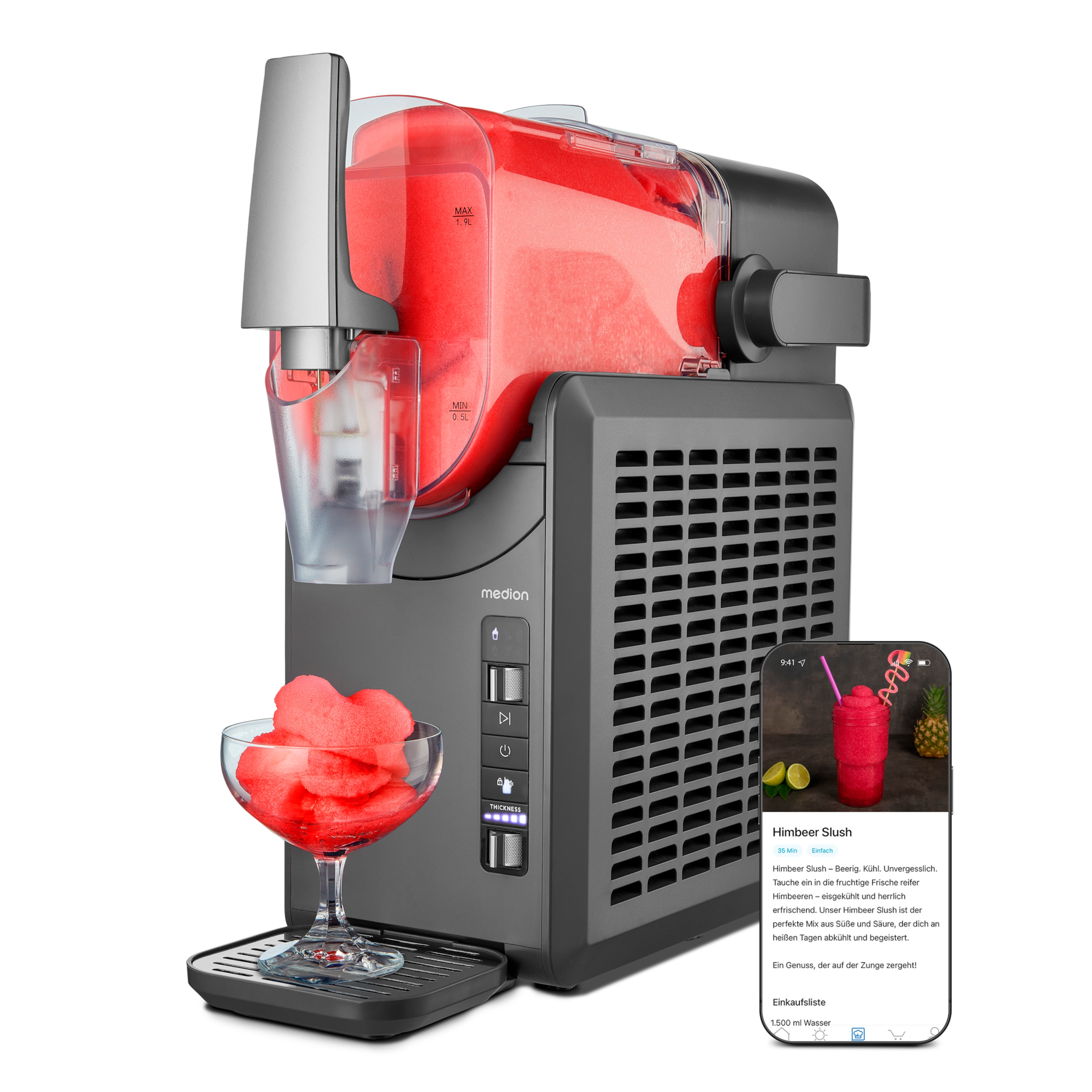 MEDION® LIFE Slush-Eismaschine MD12090, 2,6 L Slush-Eis Kapazität, Härtegradkontrolle, 5 Modi,  30–60 Minuten Zubereitungszeit², Abnehmbarer Tank
