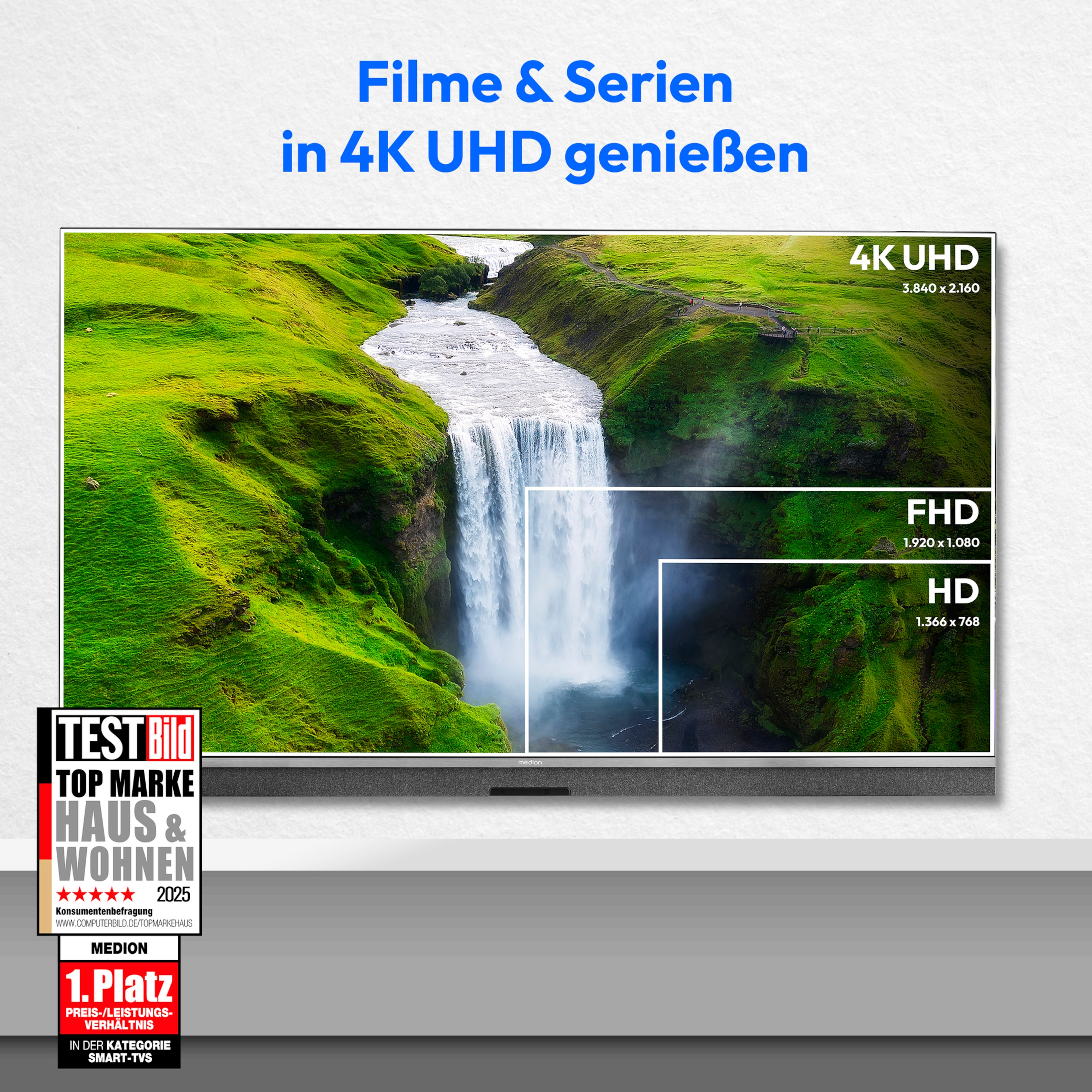 MEDION® LIFE X8652507 (MD 865900) MiniLED TiVo Smart-TV, 163,9 cm (65'') Ultra HD Display, HDR, Dolby Vision®, MEMC, Micro Dimming, PVR ready, TiVo Medienportal, NETFLIX, Amazon Prime Video, Disney+ App, Bluetooth®