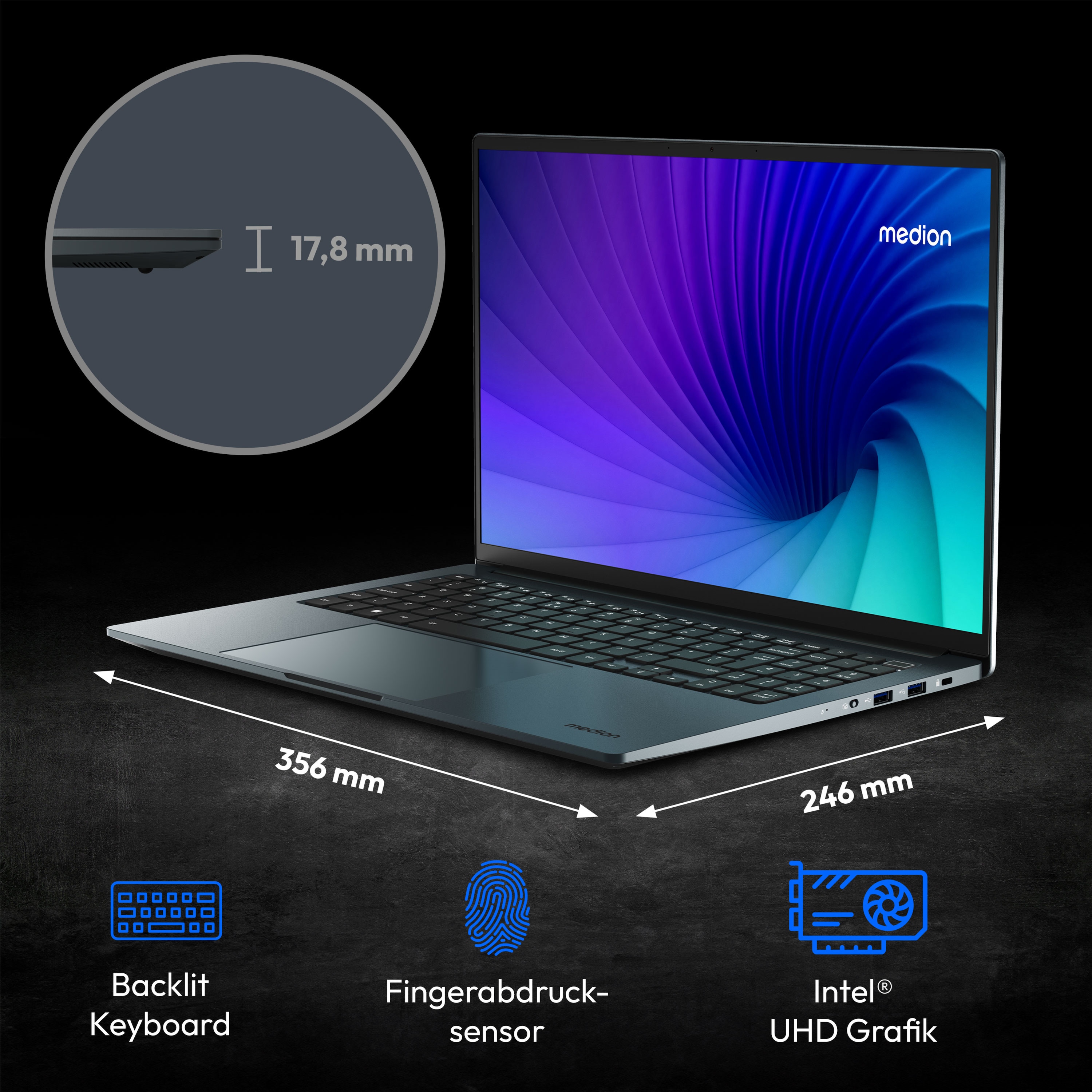 MEDION® S10 Laptop, Intel® Core™ i5-13420H, Windows 11 Home, 40,6 cm (16,0'') QHD+ Display, Intel® UHD Grafik, 512 GB SSD, 16 GB RAM
