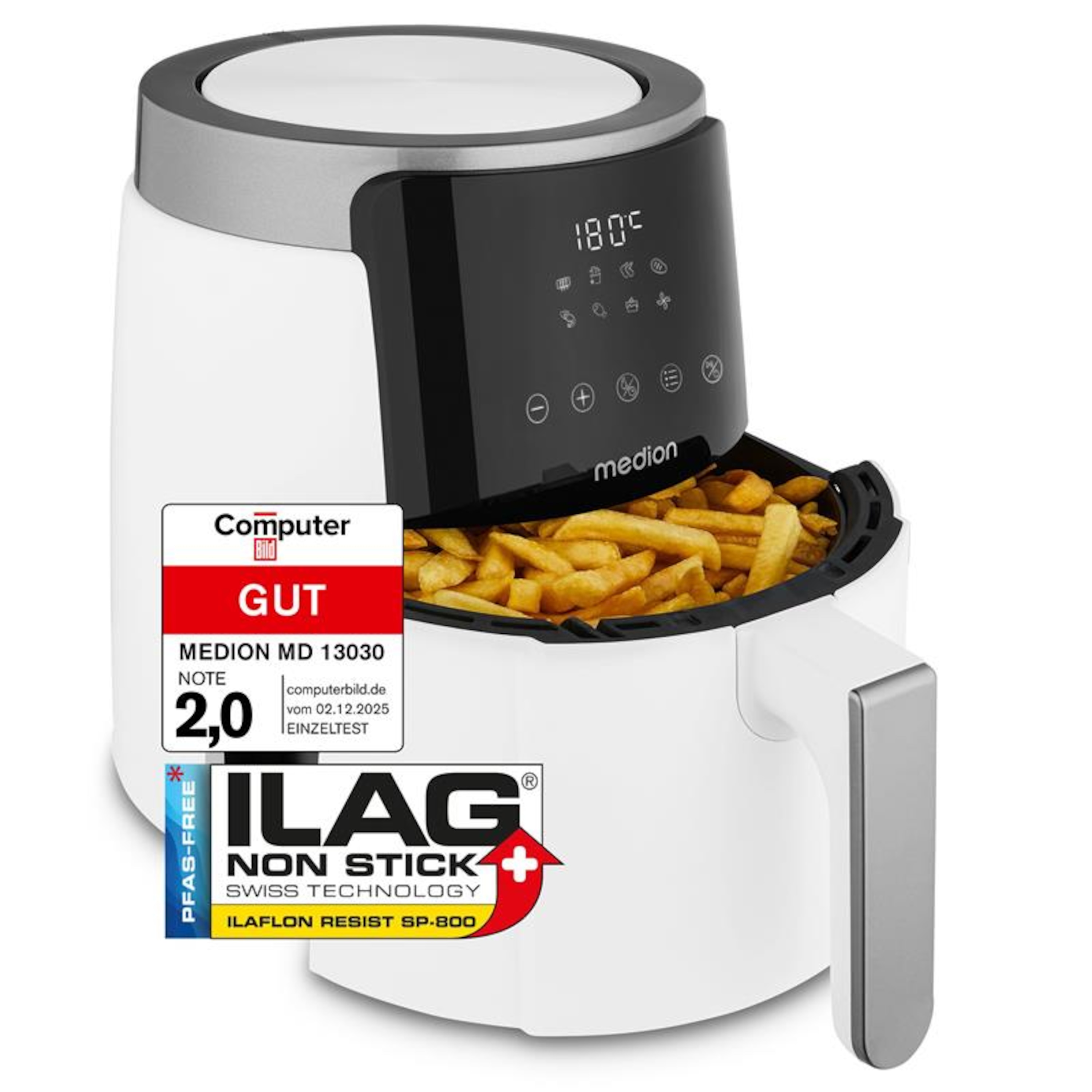 MEDION® LIFE HeißluftFritteuse P40 L (MD13030) weiß, +100 Rezepte in der Life+ App¹, Touch-Sensor- Bedienfeld, 4,7 Liter Fassungsvermögen, 8 Automatikprogramme,1.500 Watt, 60 min. Timer, PFAS-freie Antihaft-Beschichtung