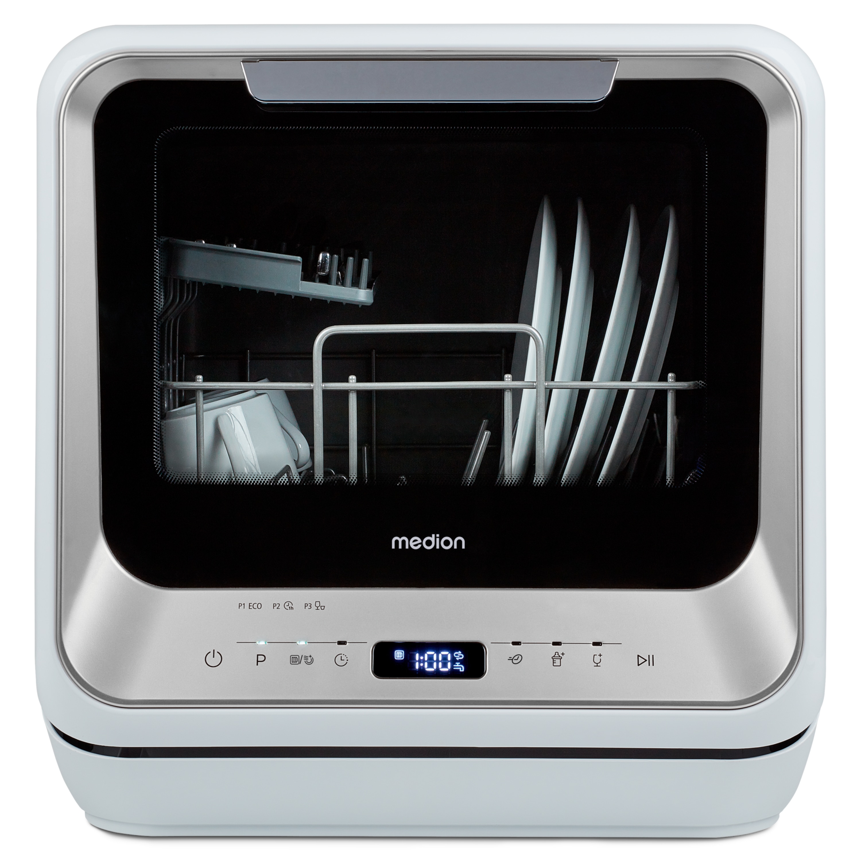 MEDION® LIFE® Mini-Geschirrspüler DWT20 (MD37763), für 2 Gedecke, 6 Reinigungsprogramme, Startzeitvorwahl
