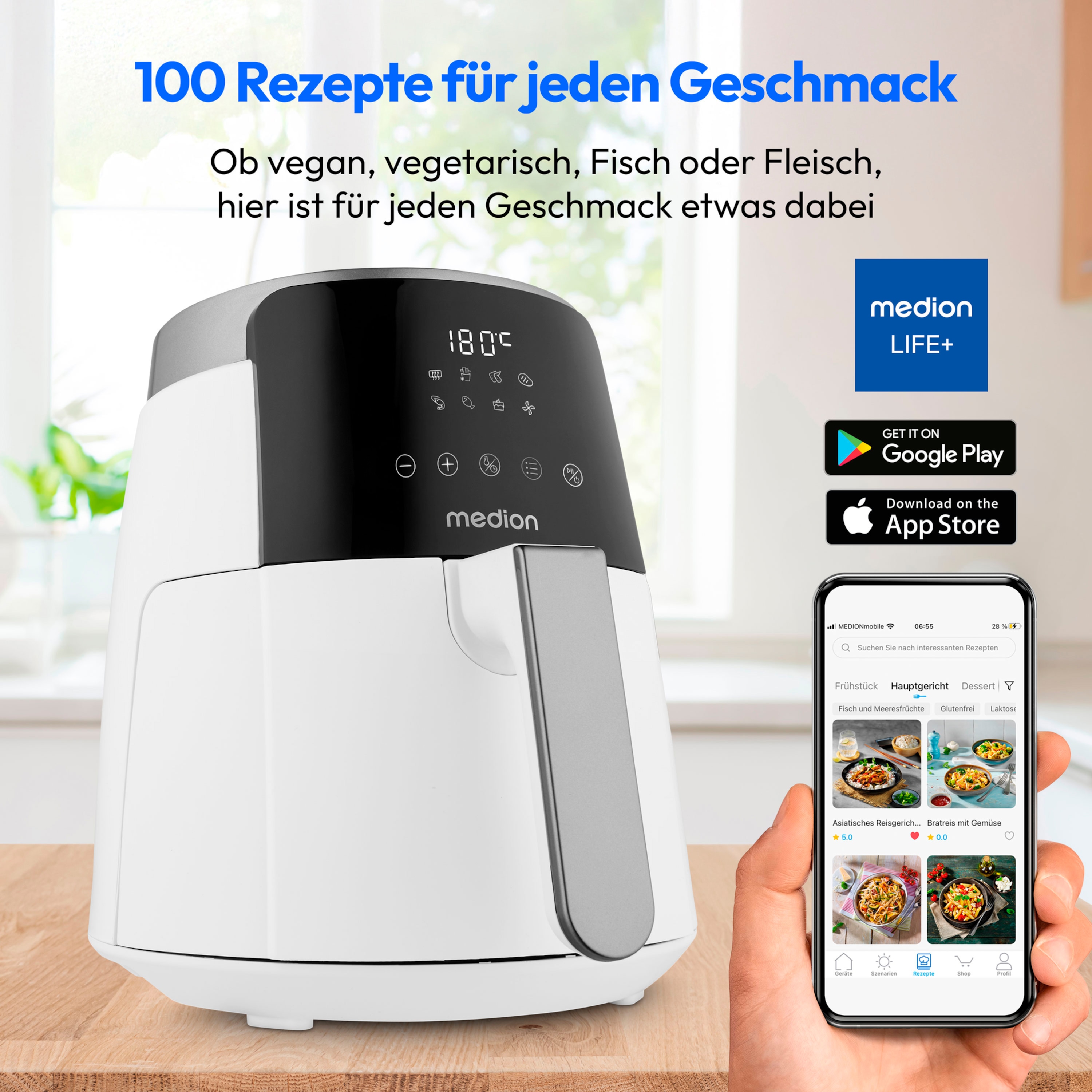 MEDION® LIFE HeißluftFritteuse P40 L (MD13030), 100 Rezepte in der Life+ App¹, Touch-Sensor- Bedienfeld, 4,7 Liter Fassungsvermögen, 8 Automatikprogramme,1.500 Watt, 60 min. Timer, 100