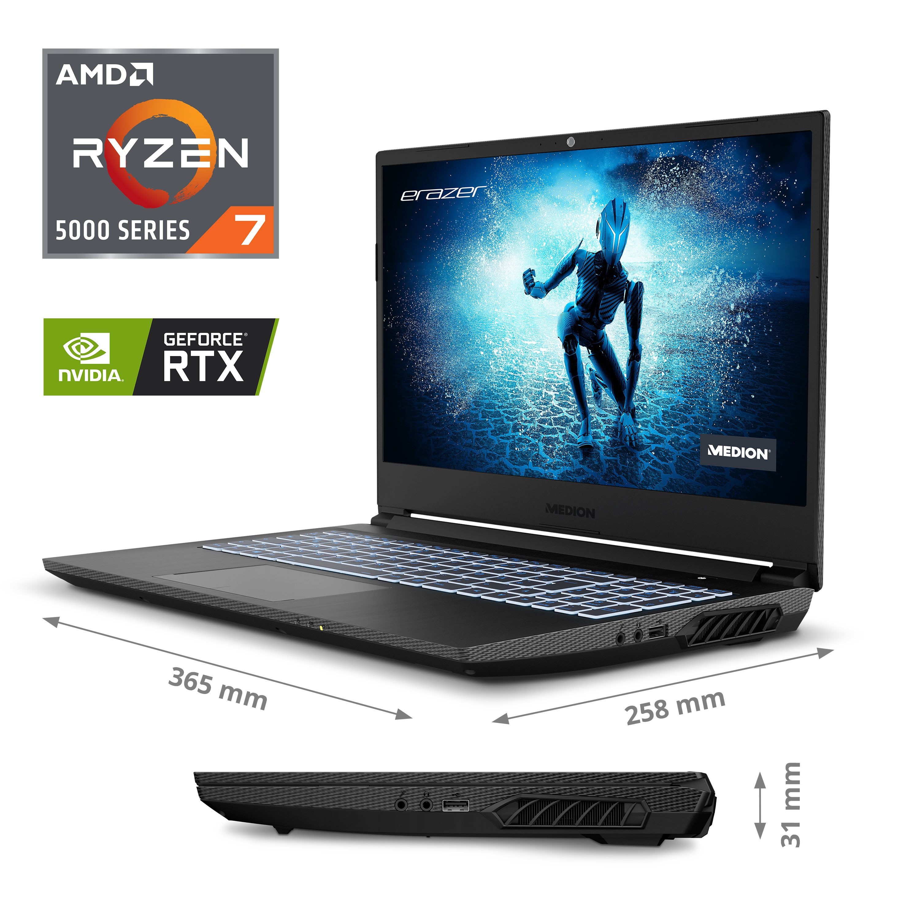 MEDION® ERAZER Deputy P25, AMD Ryzen™ 7 5800H, Windows 11 Home, 39,6 cm (15,6'') FHD Display mit 144 Hz, NVIDIA® GeForce RTX™ 3060, 2 TB SSD, 16 GB RAM, Core Gaming Notebook