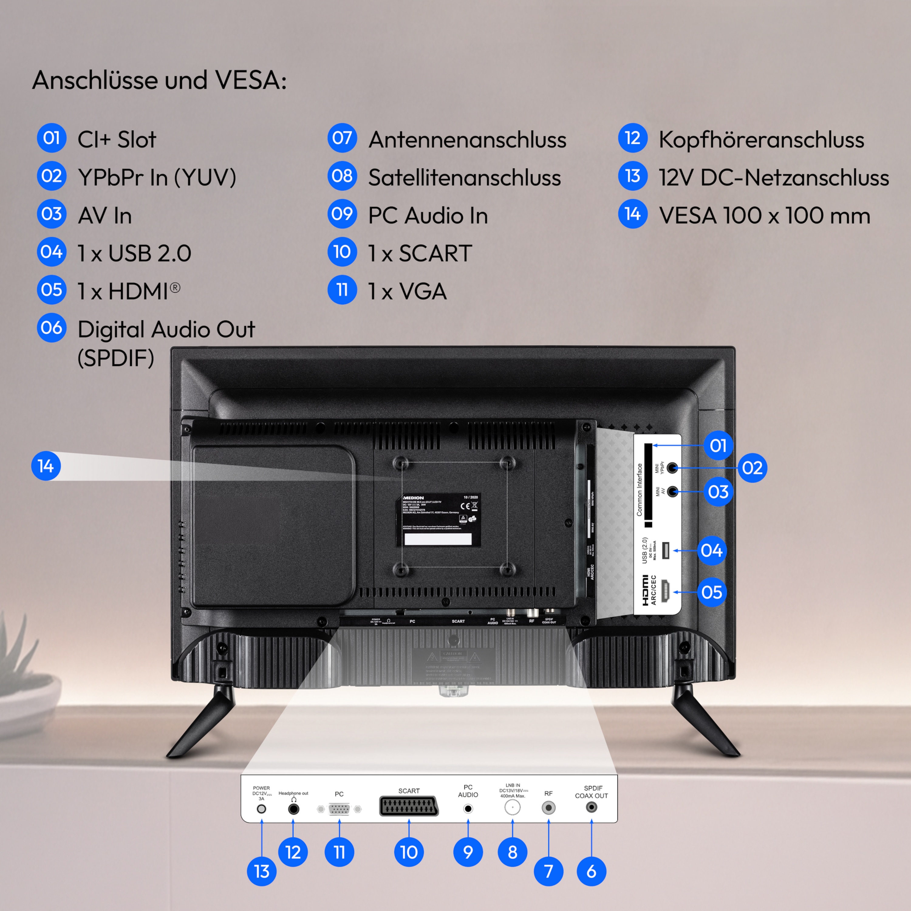 MEDION® LIFE MD 824000 TV, 59,9 cm (24''), Full HD, HD Triple Tuner, integrierter Mediaplayer, CI+ Schnittstelle