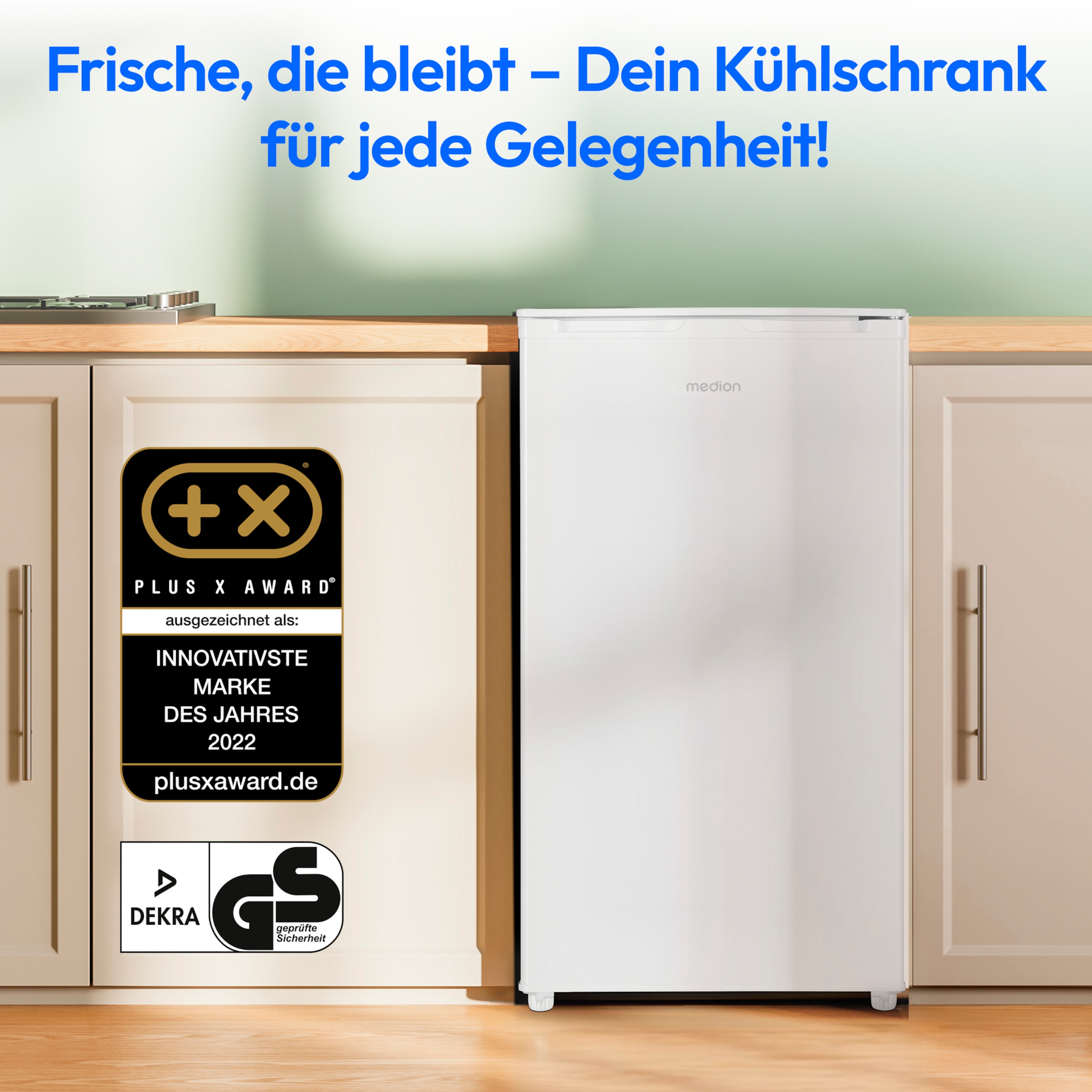MEDION® LIFE® Kühlschrank mit Eiswürfelfach MD 37690, 90 L Gesamt-Nutzinhalt (Kühlteil 80 L & Eiswürfelfach 10 L), wechselbarer Türanschlag, geringer Geräuschpegel