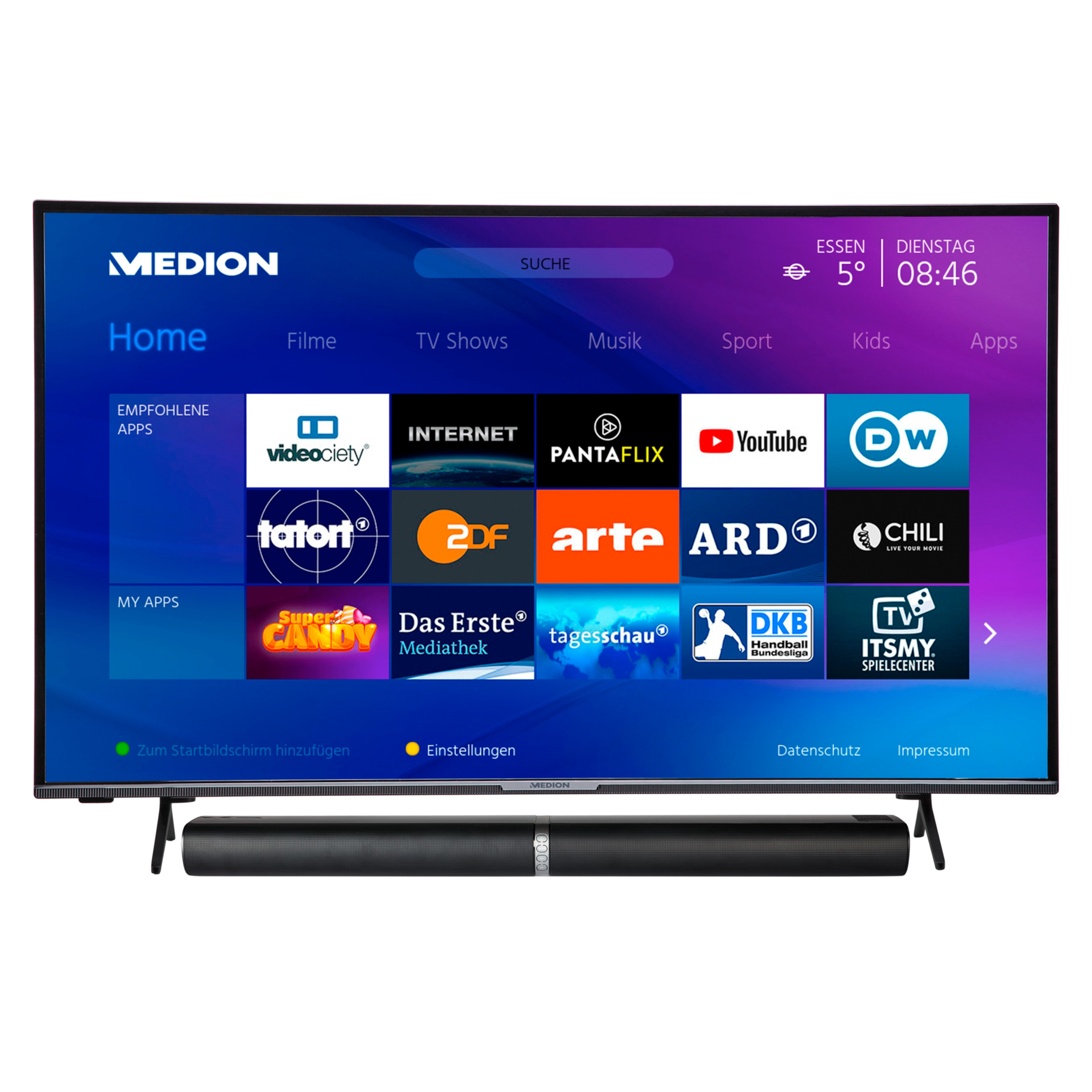 MEDION® LIFE® X15850 146,1 cm (58'') Ultra HD Smart-TV + P61202 TV-Soundbar mit Bluetooth® - ARTIKELSET