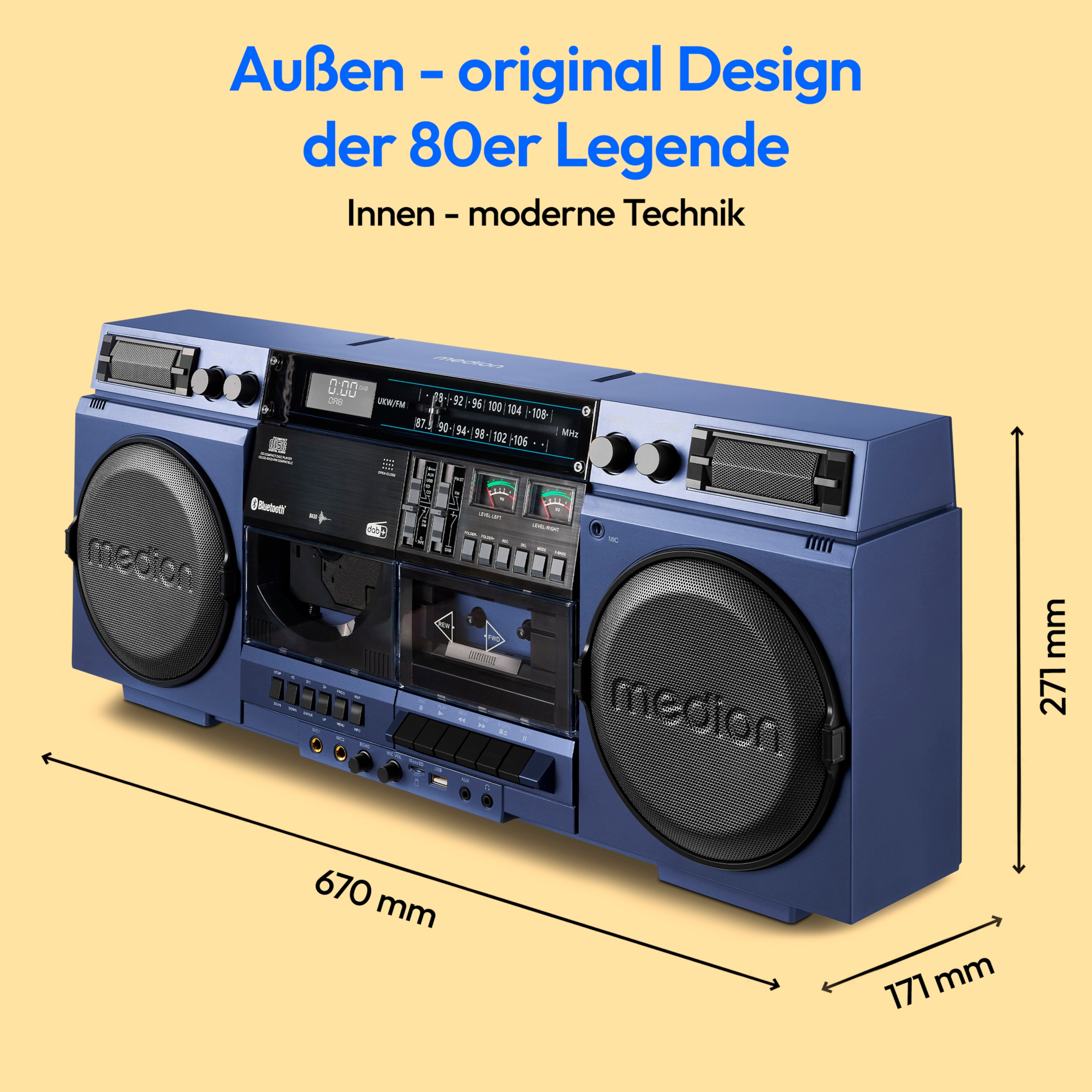 MEDION® LIFE® P66538 Retro-Boombox, DAB+/PLL-UKW Radio, Bluetooth® 5.3 für das Abspielen von Smartphone & Co, CD-Player, Kassettendeck, X-Bass Funktion, 2 x 10 W RMS